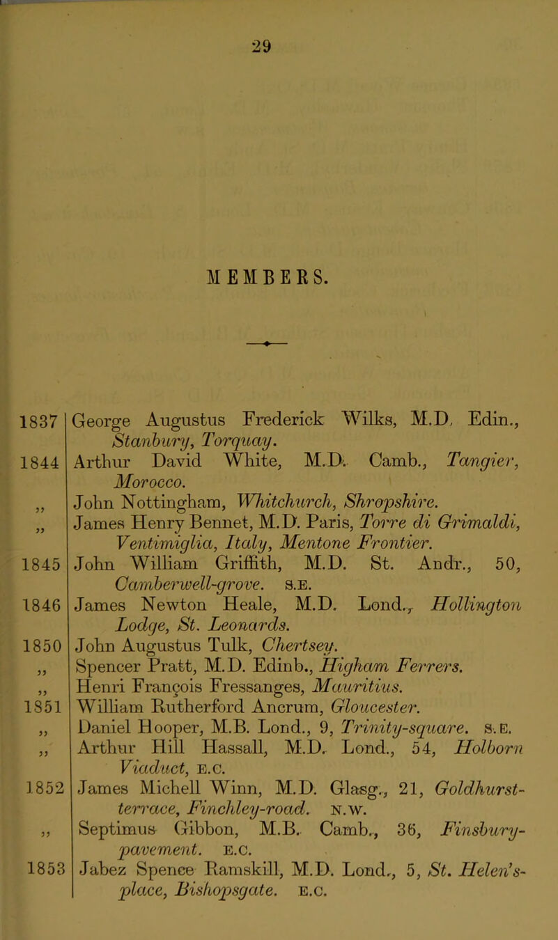 MEMBERS. 1837 1844 5? 1845 1846 1850 1851 yy 5) 1852 1853 George Augustus Frederick Wilks, M.D. Edin., Stanhury, Torquay. Arthur David White, M.D. Camb., Tangier, Morocco. John Nottingham, Whitchurch, Shropshire. James Henry Bennet, M.D. Paris, Torre di Grimaldi, Ventimiglia, Italy, Mentone Frontier. John William Griffith, M.D. St. An dr., 50, Camber well-grove. 9.E. James Newton Heale, M.D. Lond.^ Hollington Lodge, St. Leonards. John Augustus Tulk, Chertsey. Spencer Pratt, M.D. Edinb., Iligham Ferrers. Henri Fran9ois Fressanges, Mauritius. William Rutherford Ancrum, Gloucester. Daniel Hooper, M.B. Bond., 9, Trinity-square. s.E. Arthur Hill Hassall, M.D. Bond., 54, Holborn Viaduct, E.e. James Michell Winn, M.D. Glasg., 21, Goldhurst- terrace, Finchley-road. n.w. Septimus (Gibbon, M.B.. Camb., 36, Finsbury- pavement. e.c. Jabez Spence Ramskill, M.D. Bond., 5, St. Helen*s- place, Bishopsgate. E.c.