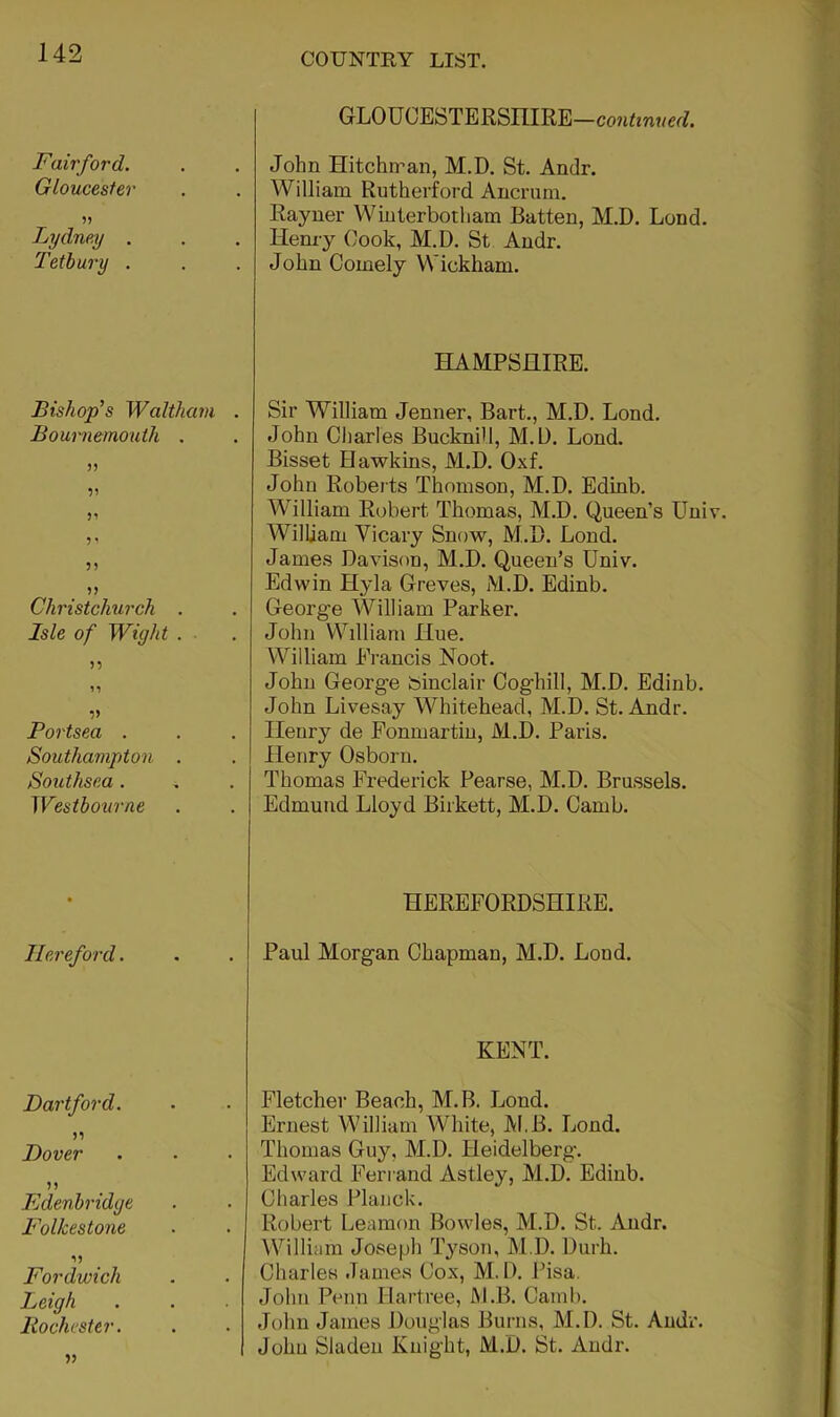 Fairford. Gloucester Lydney . Tetbury . GLO UCESTE RSIIIRE—continued. John Hitchrran, M.D. St. Andr. William Rutherford Ancrurn. Rayner Wiuterbothara Batten, M.D. Lond. Henry Cook, M.D. St Andr. John Comely Wickham. HAMPSHIRE. Bishop’s Waltham Bouiiiemouth . 5' ?5 5> Christchurch . Isle of Wight . n Portsea . Southampton . Southsea . Westbourne Sir William Jenner, Bart., M.D. Lond. John Charles Bucknill, M.D. Lond. Bisset Hawkins, M.D. Oxf. John Roberts Thomson, M.D. Edinb. William Robert Thomas, M.D. Queen’s Univ William Vicary Snow, M.D. Lond. James Davison, M.D. Queen’s Univ. Edwin Hyla Greves, M.D. Edinb. George William Parker. John William Hue. William Erancis Noot. John George Sinclair Cog'hill, M.D. Edinb. John Livesay Whitehead, M.D. St. Andr. Henry de Fonmartiu, M.D. Paris. Henry Osborn. Thomas Frederick Pearse, M.D. Brussels. Edmund Lloyd Birkett, M.D. Camb. HEREFORDSHIRE. Hereford. Dartford. n Dover )) Edenbridge Folkestone Fordwich Leigh liochcster. 55 Paul Morgan Chapman, M.D. Lond. KENT. Fletcher Beach, M.B. Lond. Ernest William White, M.B. Lond. Thomas Guy, M.D. Heidelberg’. Edward Ferrand Astley, M.D. Edinb. Charles Planck. Robert Leamon Bowles, M.D. St. Andr. William Joseph Tyson, M.D. Durh. Charles James Cox, M. D. Pisa. John Penn liartree, M.B. Camb. John James Douglas Burns, M.D. St. Andr. John Sladeu Knight, M.D. St. Andr.