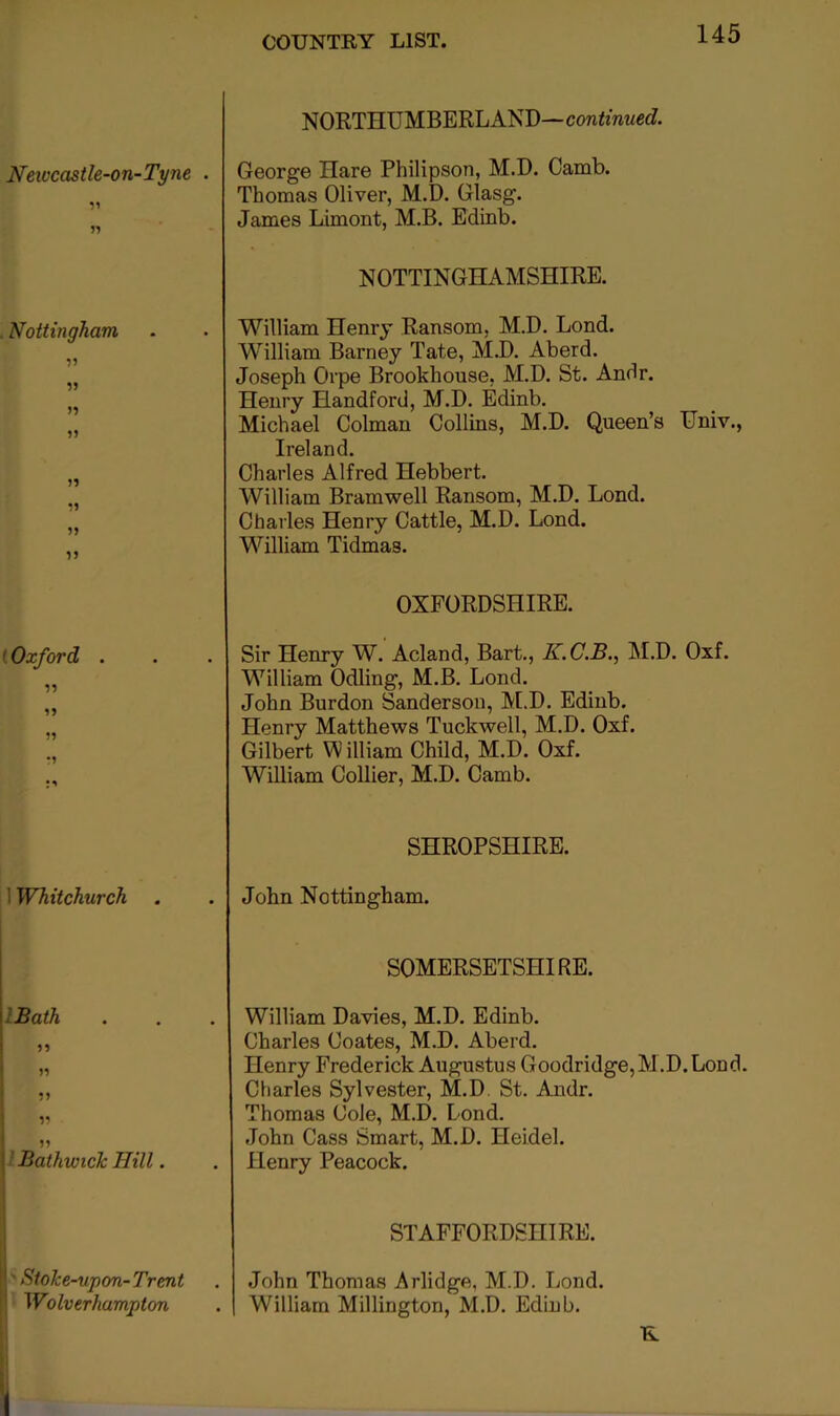Neivcastle-on-Tyne . Nottingham n 5) (Oxford . 15 I Whitchurch IBath 55 55 55 55 ' . ” I' Bathwick Hill. ^' Stoke-upon- Trent j Wolverhampton f NORTHUMBERLAND—confmwec?. George Hare Philipson, M.D. Camb. Thomas Oliver, M.D. Glasg. James Limont, M.B. Edinb. NOTTINGHAMSHIRE. William Henry Ransom, M.D. Lond. William Barney Tate, M.D. Aberd. Joseph Orpe Brookhouse, M.D. St. Andr. Henry Handford, M.D. Edinb. Michael Colman Collins, M.D. Queen’s Univ., Ireland. Charles Alfred Hebbert. William Bramwell Ransom, M.D. Lond. Charles Henry Cattle, M.D. Lond. William Tidmas. OXFORDSHIRE. Sir Henry W. Acland, Bart., K.C.B., M.D. Oxf. William Odling, M.B. Lond. John Burdon Sanderson, M.D. Edinb. Henry Matthews Tuckwell, M.D. Oxf. Gilbert W illiam Child, M.D. Oxf. William Collier, M.D. Camb. SHROPSHIRE. . John Nottingham. SOMERSETSHIRE. William Davies, M.D. Edinb. Charles Coates, M.D. Aberd. Henry Frederick Augustus Goodridge,M.D.Lond. Charles Sylvester, M.D. St. Andr. Thomas Cole, M.D. Lond. John Cass Smart, M.D. Heidel. Henry Peacock. STAFFORDSHIRE. John Thomas Arlidge, M.D. Lond. . William Millington, M.D. Edinb. K I