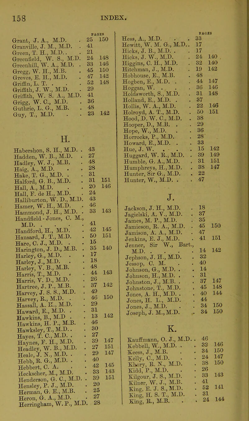 PAGES Grant, J. A., M.D. . 25 150 Granville, J. M., M.D. . 41 Green, T. H., M.D.. . 21 Greenfield, W. S., M.D. 24 148 Greenhill, W. A., M.D. . 33 146 Gregg, W. H., M.B. . 45 150 Greves, E. H., M.D, . 47 142 Griffin, L.T. ... 52 148 Griffith, J. W., M.D. . 29 Griffith, W. S, A., M.D. 41 Grigg, W. 0., M.D. . 36 Guthrie, L. G., M.B. . 48 Guy, T., M.D. . • 23 142 H. Habershon, S, H., M.D. Hadden, W. B., M.D. Hadley, W. J., M.B. Haig, A., M.D. Hake, T. G., M.D. . Halford, G. B., M.D. Hall, A., M.D. Hall, F. de H., M.D. Hallibm’ton, W. D., M.l Hamer, W. H., M.D. Hammond, J. H., M.D. Handheld - Jones, C. IV M.D. . Handford, H., M.D. Hansard, J. T., M.D. Hare, J., M.D. . Harington, J. D., M.B. Harley, G., M.D. Harley, J., M.D. Harley, Y. B., M.B. Harris, T., M.D. * Harris, Y. D., M.D. Hartree, J*P., M.B. Harvey, J. S. S., M.D, Harvey, E., M.D. . Hassail, A. E., M.D. Haward, E., M.D. . Hawkins, B., M.D . Hawkins, H. P., M.B, Hawksley, T., M.D.. Hayes, T. C., M.D. . Haynes, F. H., M.D. Headley, W. B., M.D, Heale, J. N., M.D. . Hehb, R. G., M.D. . Hebbert, 0. A. Heckscber, M., M.D. Henderson, G. C., M.l Hensley, P. J., M.D. Herman, G. E., M.B. Heron, G. A., M.D. 43 27 48 . 28 , 31 . 31 151 . 20 146 24 ). 43 46 • 33 143 41 • 42 145 • 50 151 • 15 35 140 17 18 48 44 143 26 37 142 , 49 46 150 . 29 . 31 . 13 142 46 30 27 39 147 . 27 151 . 29 147 40 , 42 145 33 143 . . 39 151 20 . 25 27 .D. 28 Hess, A., M.D. Hewitt, W. M. G., M.D.. Hicks, J. B., M.D. . Hicks, J. W., M,D. Higgins, C. H., M.D. Hitcbman, J., M.D. Hobbouse, E., M.B. Hogben, E., M.D, . Hoggan, W. . Holdswortb, S., M.D. Holland, E., M.D. . Hollis, W. A., M.D. Holroyd, A. T., M.D. Hood, D. W. C., M.D. . Hooper, D., M.B. . Hope, W., M.D. Horrocks, P., M.D. Howard, E., M.D. . Hue, J. W. . • . Huggard, W. E.j M.D. . Humble, G. A., M.D. Humphreys, H., M.D. Hunter, Sir G., M.D. Hunter, W., M.D. . J. Jackson, J. H., M.D. Jagielski, A. Y., M.D. James, M. P., M.D. Jamieson, R. A., M.D. . Jamison, A. A., M.D. Jenkins, E. J., M.D. Jenner, Sir W., Bart., M.D Jepbson, J. H., M.D. Jessop, 0. M. Johnson, G., M.D. . Johnson, H., M.D. . Johnston, J., M.B. . Johnstone, T., M.D. Jones, A. H., M.D. . Jones, H. L., M.D. Jones, J., M.D. Joseph, J, M., M.D. K. RaufEmann, O. J., M.D. KebbeU, W., M.D. . Keess, J., M.B. Kelly, C., M.D. Klmry, R. N., M.D. Kidd, P., M.D. Kilgour, J. S., M.D. Kiluer, W. J., M.B. King, E. J. S., M.D. King, H. S. T., M.D. King, R., M.B. PAGES 33 17 17 24 140 . 32 140 19 142 48 44 147 36 146 31 148 37 22 146 50 151 38 29 36 28' 33 15 142 39 149 31 151 38 147 22 47 18 37 35 45 150 47 41 151 14 142 32 40 14 31 37 147 45 148 40 144 44 34 150 34 150 . 46 . 32 146 . 34 150 . 24 147 . 38 150 . 26 . 33 143 . 41 . 52 141 . 31 . 24 144