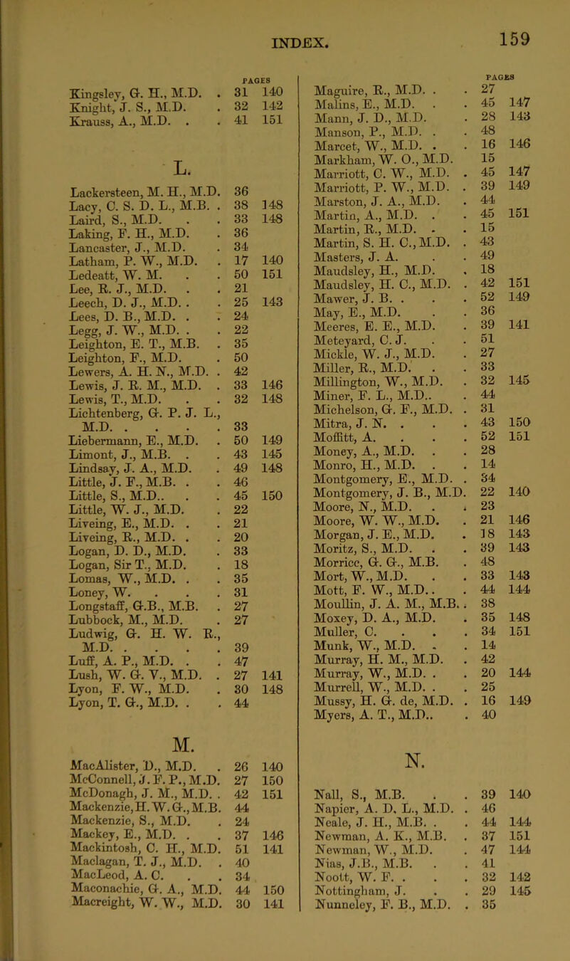 Knight, J. S., M.D. Krauss, A., M.D. . L. Lackersteen, M. H., M.D. Lacy, C. S. D. L., M.B. . Laird, S., M.D. Laking, F. H., M.D. Lancaster, J., M.D. Latham, P. W., M.D. Ledeatt, W. M. Lee, R. J., M.D. Leech, D. J., M.D. . Lees, D. B., M.D. . Legg, J. W., M.D. . Leighton, E. T., M.B. Leighton, F., M.D. Lewers, A. H. N., M.D. . Lewis, J. R. M., M.D. Lewis, T., M.D. Lichtenberg, G. P. J. L., M.D Liebermann, E., M.D. Limont, J., M.B. . Lindsay, J. A., M.D. Little, J. F., M.B. . Little, S., M.D.. Little, W. J., M.D. Liveing, E., M.D. . Liveing, R., M.D. . Logan, D. D., M.D. Logan, Sir T., M.D. Lomas, W., M.D. . Loney, W. Longstaff, G.B., M.B. Lubbock, M., M.D. Ludwig, G. H. W. R., M.D Luff, A. P., M.D. . Lush, W. G. V., M.D. . Lyon, F. W., M.D. Lyon, T. G., M.D. . M. MacAlister, D., M.D. McConnell, J. F. P., M.D. McDonagh, J. M., M.D. . Mackenzie, H. W. G., M.B. Mackenzie, S., M.D. Mackey, E., M.D. . Mackintosh, C. H., M.D. Maclagan, T. J., M.D. MacLeod, A. C. Maconachie, G. A., M.D. Macreight, W. W., M.D. INDEX. 159 PAGES PAGES 27 32 142 Malins, E., M.D. 45 147 41 151 Mann, J. D., M.D. 28 143 Manson, P., M.D. . 48 Marcet, W., M.D. . 16 146 Markham, W. 0., M.D. 15 Marriott, C. W., M.D. . 45 147 36 Marriott, P. W., M.D. . 39 149 38 148 Marston, J. A., M.D. 44 33 148 Martin, A., M.D. 45 151 36 Martin, R., M.D. 15 34 Martin, S. H. C., M.D. . 43 17 140 Masters, J. A. 49 50 151 Maudsley, H., M.D. 18 21 Maudsley, H. C., M.D. . 42 151 25 143 Mawer, J. B. . 52 149 24 May, E., M.D. 36 22 Meeres, E. E., M.D. 39 141 35 Meteyard, C. J. 51 50 Mickle, W. J., M.D. 27 42 MiUer, R., M.D. . 33 33 146 Millington, W., M.D. 32 145 32 148 Miner, F. L., M.D.. 44 Michelson, G. F., M.D. . 31 33 Mitra, J. N. . 43 150 50 149 Moffitt, A. . . . 52 151 43 145 Money, A., M.D. 28 49 148 Monro, H., M.D. 14 46 Montgomery, E., M.D. . 34 45 150 Montgomery, J. B., M.D. 22 140 22 Moore, N., M.D. . i 23 21 Moore, W. W., M.D. 21 146 20 Morgan, J. E., M.D. 18 143 33 Moritz, S., M.D. 39 143 18 Morricc, G. G., M.B. 48 35 Mort, W., M.D. 33 143 31 Mott, F. W., M.D.. 44 144 27 MouUin, J. A. M., M.B. i 38 27 Moxey, D. A., M.D. 35 148 Muller, 0. . . . 34 151 39 Munk, W., M.D. 14 47 Murray, H. M., M.D. 42 27 141 Murray, W., M.D. . 20 144 30 148 Murrell, VV., M.D. . 25 44 Mussy, H. G. de, M.D. . 16 149 Myers, A. T., M.D.. 40 26 140 N. 27 150 42 151 Nall, S., M.B. 39 140 44 Napier, A. D. L., M.D. . 46 24 Neale, J. H., M.B. . 44 144 37 146 Newman, A. K., M.B. 37 151 51 141 Newman, W., M.D. 47 144 40 Nias, J.B., M.B. . 41 34 Noott, W. F. . 32 142 44 150 Nottingham, J. 29 145 30 141 Nunneley, F. B., M.D. . 35