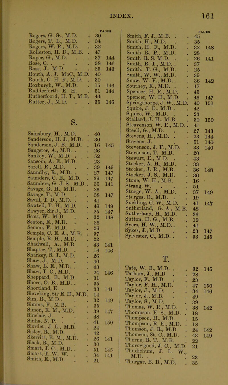 l»AOEB Rogers, G-. G., M.D. • 30 Rogers, T. L., M.D. 34 Rogers, W. R., M.D. 32 Rolleston, H. D., M.B. 47 Roper, G., M.D. , 37 144 Rose, C. . 38 146 Ross, J., M.D. 25 143 Routh, A. J. McC., M.D. 40 Routh, C. H. P., M.D. 30 Roxburgh, W., M.D. 15 146 Rudderforth, E. H. 51 144 Rutherfoord, H. T., M.B. 44 Rutter, J., M.D. • 35 146 s. Sainsbury, H., M.D. 40 Sanderson, H. J., M.D. 30 Sanderson, J. B., M.D. . 16 145 Sangster, A., M.B. . 26 Sankey, W., M.D. . 52 Sansom, A. E., M.D. 23 Sarell, R., M.D. . 39 149 Saundby, R., M.D. . 27 147 Saunders, C. E., M.D. 39 147 Saunders, G. J. S., M.D. 35 141 Savage, G. H., M.D. 26 Savage, T., M.D. 38 147 SaviU, T. D., M.D. . 41 SawteD, T. H., M.D. 49 149 Sawyer, Sir J., M.D. . 25 147 Scott, W., M.D. . 32 148 Seaton, E., M.D. 26 Semon, F., M.D. 26 Semple, C. E. A., M.B. , 37 Semple, R. H., M.D. 22 Shadwell, A., M.B. 43 141 Shapter, T., M.D. . 16 146 Sharkey, S. J., M.D. 26 Shaw, J., M.D. 40 Shaw, L. E., M.D. . 43 Shaw, T. C., M.D. 24 146 Sheppard, E., M.D. 31 Shore, 0. B., M.D. . 35 Shortland, E. . 33 141 Sieveking, Sir E. H., M.D. 14 Sim, R., M.D.. 32 149 Simms, F., M.B. 35 Simon, R. M., M.D. 39 147 Sinclair, J. 48 Sinha, N. P. . 41 150 Siordet, J. L., M.B. 24 Sisley, R., M.D. 42 Skerritt, E. M., M.D. 26 141 Slack, R., M.D. 30 Smart, J. C., M.D. . 51 145 Smart, T. W. W. 34 141 Smith, E., M.D. 21 PAGES Smith, F. J., M.B. . 45 Smith, H., M.D. 35 Smith, H. P., M.D. 32 148 Smith, R. P., M.D. 28 Smith R. S. M.D. . 26 141 Smith, R. T., M.D. . 37 Smith, T. G., M.D. 25 Smith, W. W., M.D. 39 Snow, W. V., M.D.. 36 142 Southey, R., M.D. . 17 Spencer, H. R., M.D. 45 Spencer, W. H., M.D. 46 147 Springthorpe, J. W., M.D. 40 151 Squire, J. E., M.D.. 42 Squire, W., M.D. . 23 Stallard, J. H., M.B. 30 150 Steavenson, W. E., M.D.. 41 Steell, G., M.D. 27 143 Stevens, H., M.D. . 23 144 Stevens, J. . . . 51 140 Stevenson, J. P., M.D. . 33 140 Stevenson, T., M.D. 20 Stewart, E., M.D. . 43 Stocker, A. H., M.D. 33 Stocker, J. R., M.B. 36 148 Stocker, J. S., M.D. 36 Stone, W. H., M.B. 16 Strang, W. . . . 51 Sturge, W. A., M.D. 37 149 Stiirges, O., M.D. . 19 Suckhng, C. W., M.D. 41 147 Sutherland, G. A., M.B. 48 Sutherland, H., M.D. 36 Sutton, H. G., M.B. 19 Syers, H. W., M.D.. 41 Sykes, J., M.D. 23 147 Sylvester, C., M.D. . 33 145 T. Tate, W. B., M.D. . 32 145 Tatham, J., M.D 28 Taylor, F., M.D. 23 Taylor, F. H., M.D. 47 150 Taylor, J., M.D. 34 146 Taylor, J., M.B. 49 Taylor, S., M.D. 39 Thomas, W. R., M.D. 38 142 Tliompson, E. S., M.D. . 18 Thompson, II., M.D. 15 Thompson, R. E., M.D. . 18 Thomson, J. R., M.D. 24 142 Thomson, St. C., M.D. . 43 149 Thorne, R. T., M.B. 22 Thorowgood, J. C., M.D. 21 Tluidichiim, J. L. W.. M.D. . • • • 23 Thurgar, B. B., M.D. 35