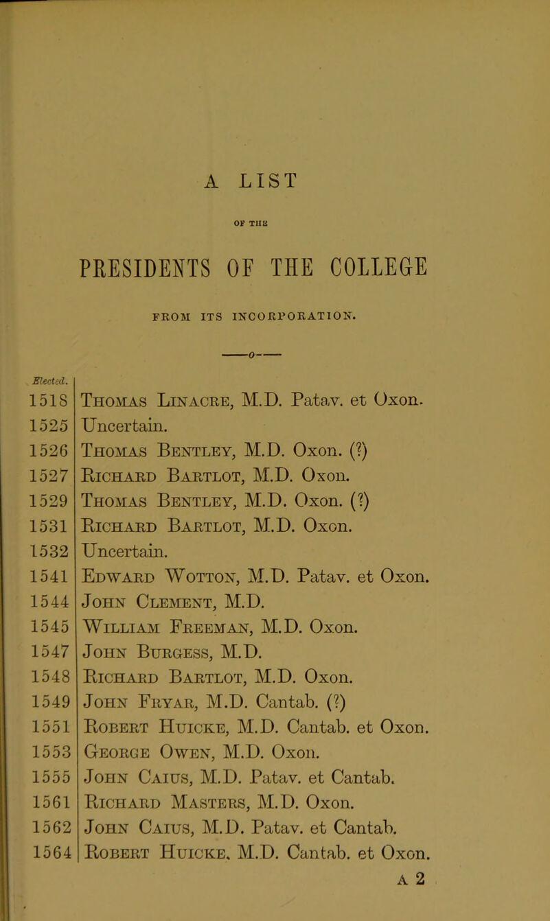 A LIST OF THE PRESIDENTS OF THE COLLEGE FROM ITS INCORPORATION. Elected. 1518 1525 1526 1527 1529 1531 1532 1541 1544 1545 1547 1548 1549 1551 1553 1555 1561 1562 1564 Thomas Lin acre, M.D. Patav. et Oxon. Uncertain. Thomas Bentley, M.D. Oxon. (?) Richard Bartlot, M.D. Oxon. Thomas Bentley, M.D. Oxon. (?) Richard Bartlot, M.D. Oxon. Uncertain. Edward Wotton, M.D. Patav. et Oxon. John Clement, M.D. William Freeman, M.D. Oxon. John Burgess, M.D. Richard Bartlot, M.D. Oxon. John Fryar, M.D. Cantab. (?) Robert Huicke, M.D. Cantab, et Oxon. George Owen, M.D. Oxon. John Caius, M.D. Patav. et Cantab. Richard Masters, M.D. Oxon. John Caius, M.D. Patav. et Cantab. Robert Huicke, M.D. Cantab, et Oxon. a 2