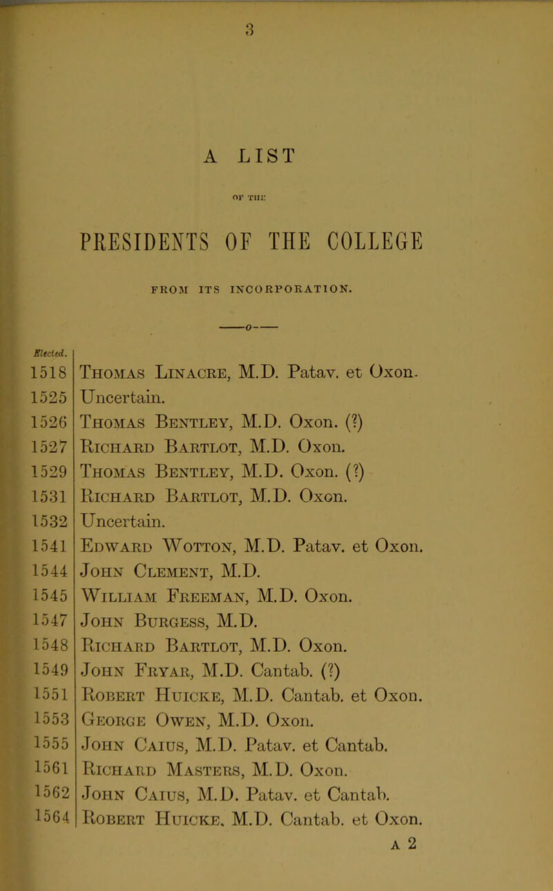 A LIST or the PRESIDENTS OF THE COLLEGE Elected. 1518 1525 1526 1527 1529 1531 1532 1541 1544 1545 1547 1548 1549 1551 1553 1555 1561 1562 1564 FROM ITS INCORPORATION. Thomas Linacre, M.D. Patav. et Oxon. Uncertain. Thomas Bentley, M.D. Oxon. (?) Bichard Bartlot, M.D. Oxon. Thomas Bentley, M.D. Oxon. (?) Bichard Bartlot, M.D. Oxon. Uncertain. Edward Wotton, M.D. Patav. et Oxon. John Clement, M.D. William Freeman, M.D. Oxon. John Burgess, M.D. Bichard Bartlot, M.D. Oxon. John Fryar, M.D. Cantab. (?) Bobert Huicke, M.D. Cantab, et Oxon. George Owen, M.D. Oxon. John Caius, M.D. Patav. et Cantab. Bichard Masters, M.D. Oxon. John Caius, M.D. Patav. et Cantab. Bobert Huicke. M.D. Cantab, et Oxon. a 2