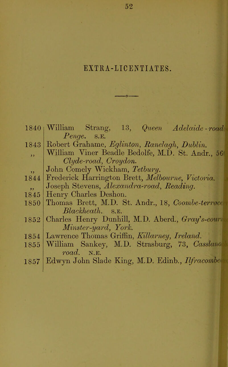 EXTRA-LICENTIATES. 1840 1843 1844 1845 1850 1852 1854 1855 1857 William Strang, 13, Queen Adelaide - road < Penge. s.e. Robert Grahame, Eglinton, Ranelagh, Dublin. William Viner Beadle Bedolfe, M.D. St. Andr., 56 Clyde-road, Croydon. John Comely Wickham, Tetbury. Frederick Harrington Brett, Melbourne, Victoria. Joseph Stevens, Alexandra-road, Reading. Henry Charles Deshon. Thomas Brett, M.D. St. Andr., 18, Coombe-terract^ Blackheath. s.e. Charles Henry Dunhill, M.D. Aberd., Gray’s-eoun Minster-yard, York. Lawrence Thomas Griffin, Killarney, Ireland. William Sankey, M.D. Strasburg, 73, Casslanom road. n.e. Edwyn John Slade King, M.D. Edinb., Ilfracombe w