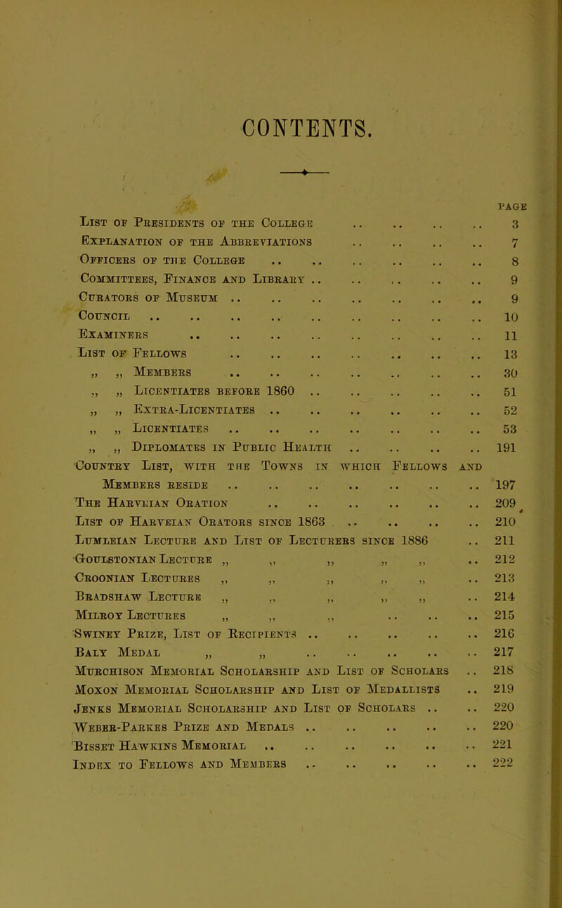 CONTENTS PAGE List of Peesidents of the College .. .. .. .. 3 Explanation of the Abbeeviations .. .. ., .. 7 Officees of tii e College .. .. .. .. ., ., 8 Committees, Finance and Libeaey .. .. ,, ., .. 9 CuEATOEs of Museum .. ., .. .. 9 Council .. .. .. .. .. .. .. .. .. 10 Examinees .. .. .. .. .. .. .. n List of Fellows .. .. .. .. .. .. 13 „ „ Membees 30 ,, „ Licentiates befoee 1860 .. .. .. .. ,. 51 „ „ Extea-Licentiates .. .. .. .. .. .. 52 „ „ Licentiates .. .. .. .. ., .. .. 53 „ „ Diplomates in Public Health ., .. ., .. 191 CouNTET List, with the Towns in which Fellows and Membees eeside .. .. .. .. 197 The Haeveian Oeation .. .. .. .. .. .. 209 List of Haeyeian Oeatoes since 1863 ., .. .. .. 210 Lumleian Lectueb and List of Lectueees since 1886 .. 211 Goulstonian Lectoee „ ,, ,, „ ,, .. 212 Ceoonian Lectuees ,, ,, ,, „ „ .. 213 Beadshaw Lectuee ,, ,, „ ,, ,, .. 214 Mileoy Lectuees „ „ ,, .. .. .. 215 SwiNEY Peize, List of Eecipients .. .. 216 Balt Medal „ „ .. .. .. .. .. 217 Muechison Memoeial Scholaeship and List of Scholabs .. 218 Moxon Memoeial Scholaeship and List of Medallists .. 219 Jenks Memoeial Scholaeship and List of Scholaes .. .. 220 Webee-Pabkes Peize and Medals .. .. .. .. .. 220 Bisset Hawkins Memoeial ,. .. .. .. .. .. 221 Index to Fellows and Membees .. .. .. .. .. 222