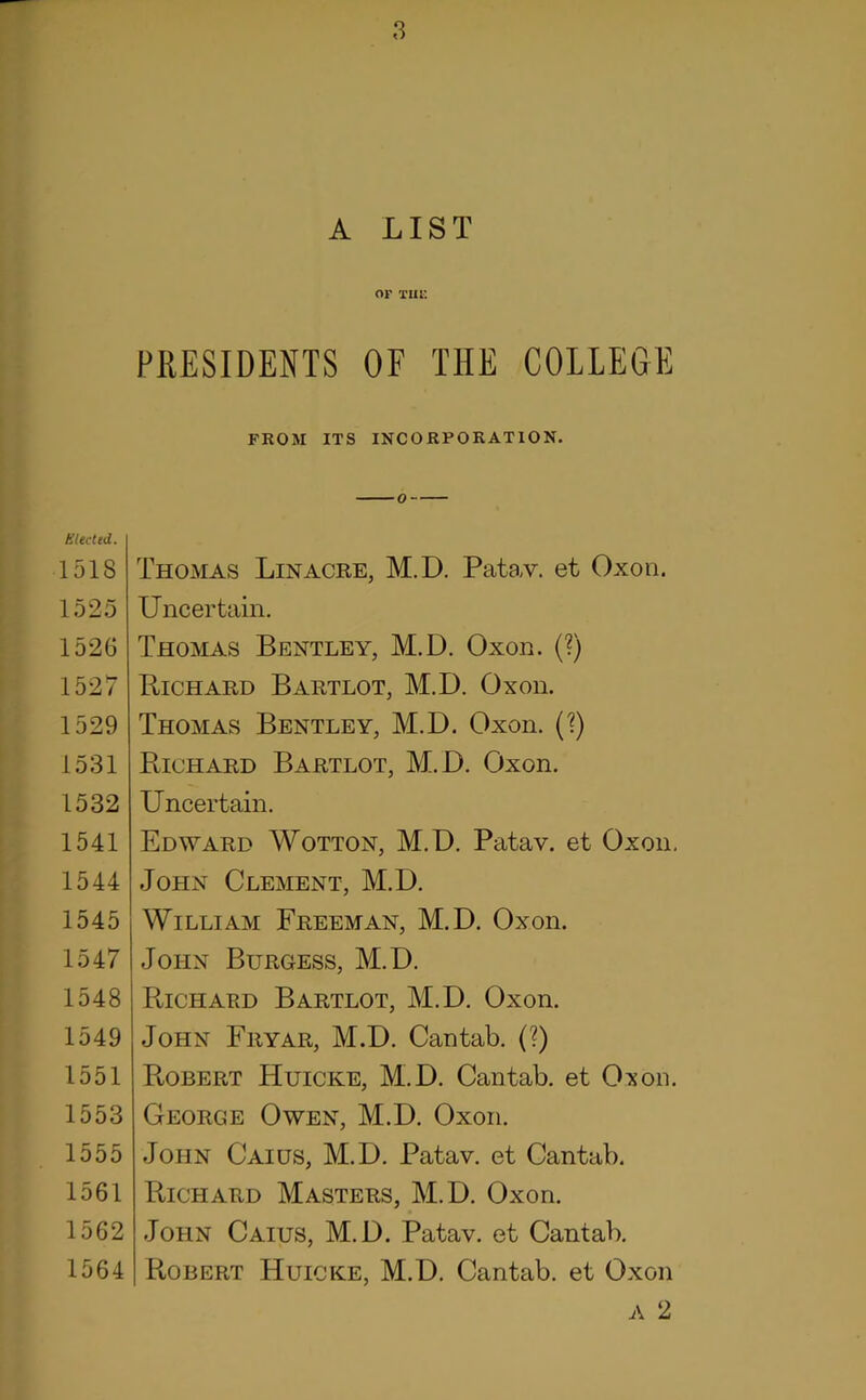 A LIST OF Tin: PRESIDENTS OF THE COLLEGE Elect td. 1518 1526 1527 1529 1531 1532 1541 1544 1545 1547 1548 1549 1551 1553 1555 1561 1562 1564 FROM ITS INCORPORATION. Thomas Lin acre, M.D. Pata,v. et Oxon. Uncertain. Thomas Bentley, M.D. Oxon. (?) Richard Bartlot, M.D. Oxon. Thomas Bentley, M.D. Oxon. (?) Richard Bartlot, M.D. Oxon. Uncertain. Edward Wotton, M.D. Patav. et Oxon. John Clement, M.D. William Freeman, M.D. Oxon. John Burgess, M.D. Richard Bartlot, M.D. Oxon. John Fryar, M.D. Cantab. (?) PtOBERT Huicke, M.D. Cantab, et Oxon. George Owen, M.D. Oxon. John Caius, M.D. Patav. et Cantab. Richard Masters, M.D. Oxon. John Caius, M.D. Patav. et Cantab. Robert Huicke, M.D. Cantab, et Oxon A 2