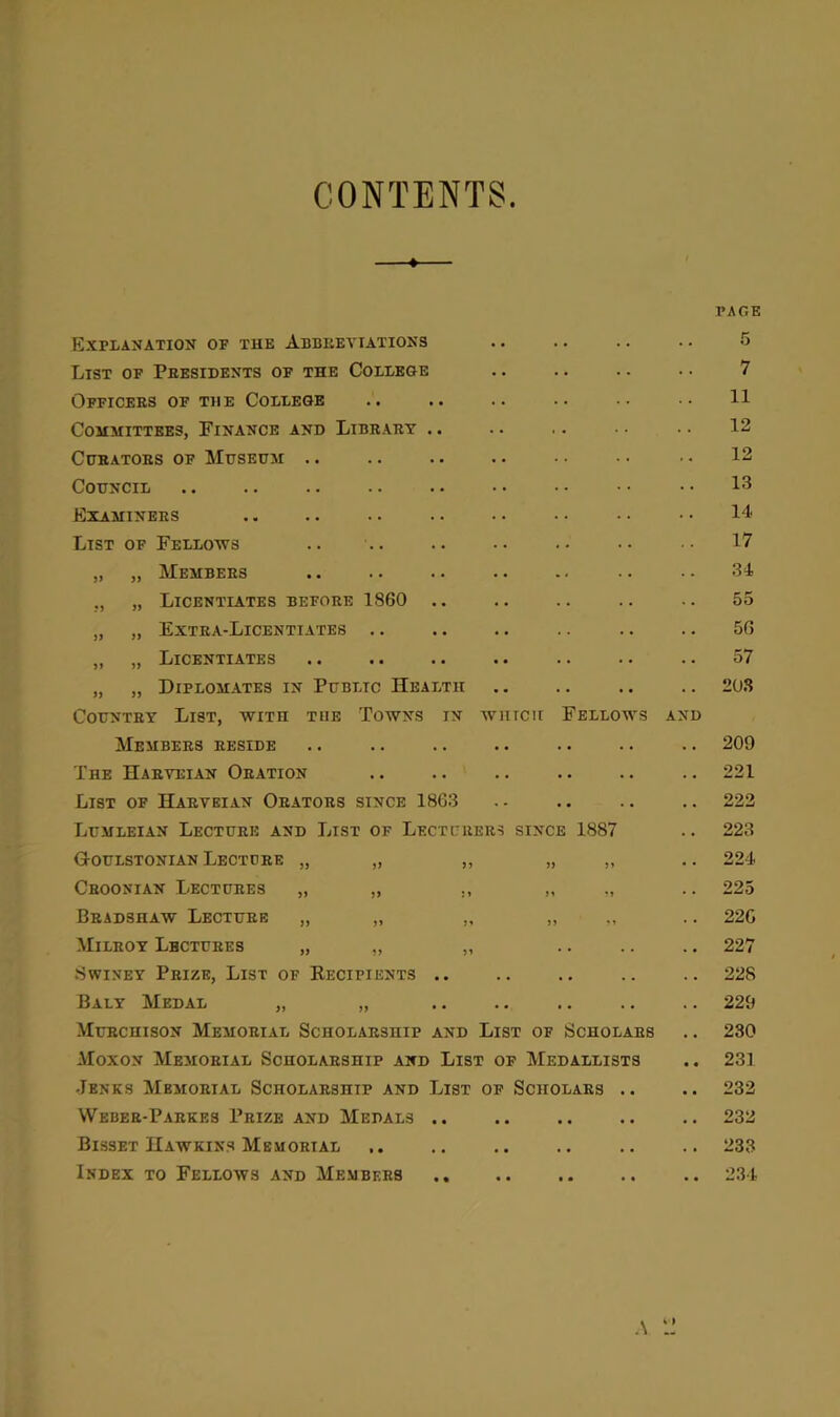 CONTENTS lircir Fello Explanation of the Abbreviations List of Presidents of the College Officers of the College Committees, Finance and Library Curators of Museum Council Examiners Ltst of Fellows „ „ Members ,, „ Licentiates before 1860 „ „ Extra-Licentiates .. „ „ Licentiates „ „ Diplomates in Public Health Country List, with the Towns in w Members reside The Harveian Oration List of Harveian Orators since 1863 Lumleian Lecture and List of Lecturers since 1887 Goulstonian Lecture „ „ ,, „ ,, Croonian Lectures „ „ „ ,, Bradshaw Lecture „ „ „ „ Milroy Lectures „ „ „ .... Swiney Prize, List of Kecipients .. Baly Medal „ „ Murchison Memorial Scholarship and List of Scholars Moxon Memorial Scholarship and List of Medallists -Jenks Memorial Scholarship and List of Scholars .. Wkber-Parkes Prize and Medals .. Bisset Hawkins Memorial Index to Fellows and Members ws AND page 5 7 11 12 12 13 14. 17 34 55 56 57 203 209 221 222 223 224 225 220 227 228 229 230 231 232 232 233 234