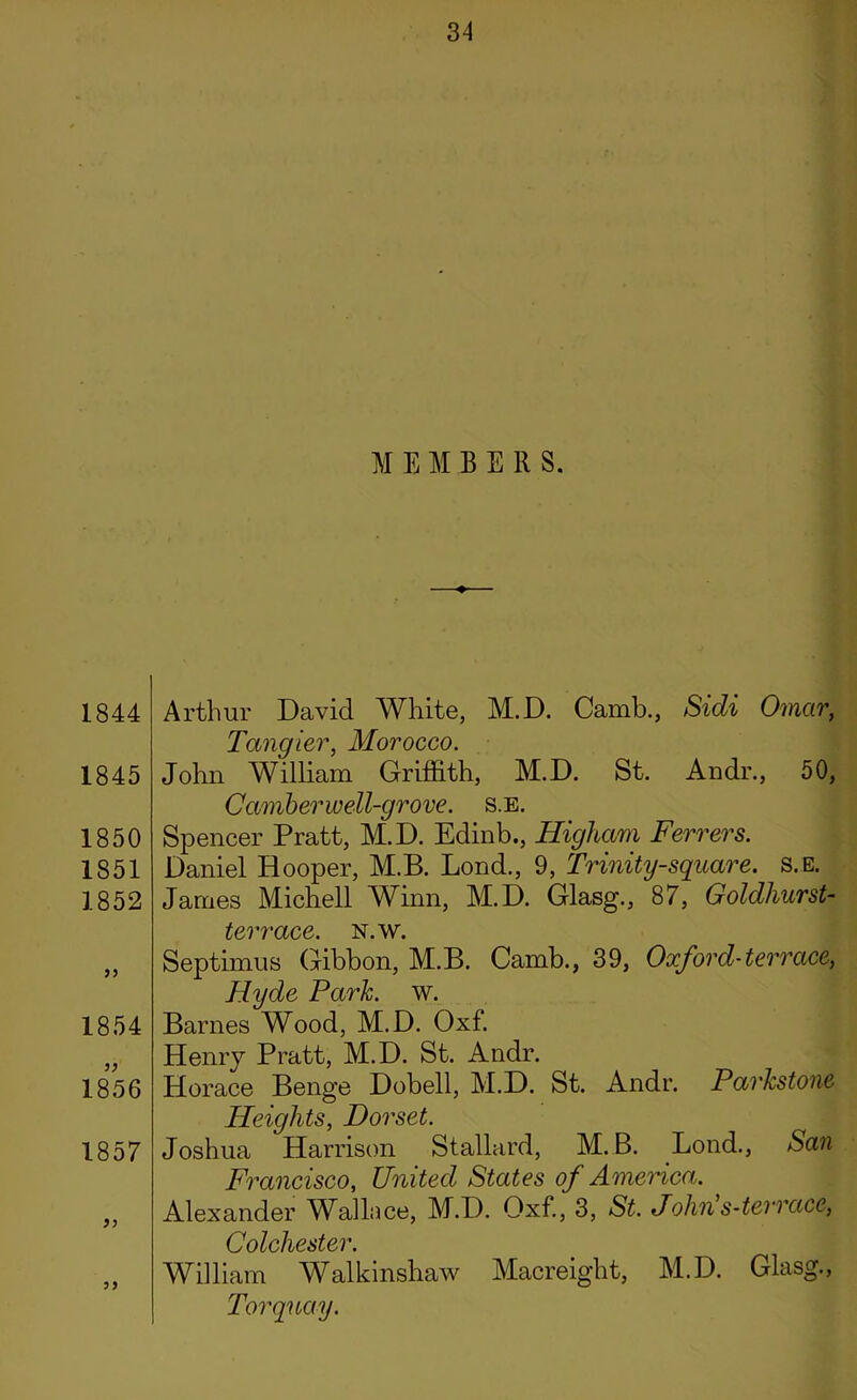 M EMBE R S. 1844 1845 1850 1851 1852 1854 1856 1857 3) Arthur David White, M.D. Camb., Sidi Omar, Tangier, Morocco. John William Griffith, M.D. St. Andr., 50, Camber well-grove, s.e. Spencer Pratt, M.D. Edinb., Higham Ferrers. Daniel Hooper, M.B. Lond., 9, Trinity-square, s.e. James Michell Winn, M.D. Glasg., 87, Goldhurst- terrace. n.w. Septimus Gibbon, M.B. Camb., 39, Oxford-terrace, Hyde Park. w. Barnes Wood, M.D. Oxf. Henry Pratt, M.D. St. Andr. Horace Benge Dobell, M.D. St. Andr. Parkstone Heights, Dorset. Joshua Harrison Stallard, M.B. Lond., San Francisco, United States of America. Alexander Wallace, M.D. Oxf., 3, St. Johns-tevrace, Colchester. William Walkinshaw Macreight, M.D. Glasg., Torquay.