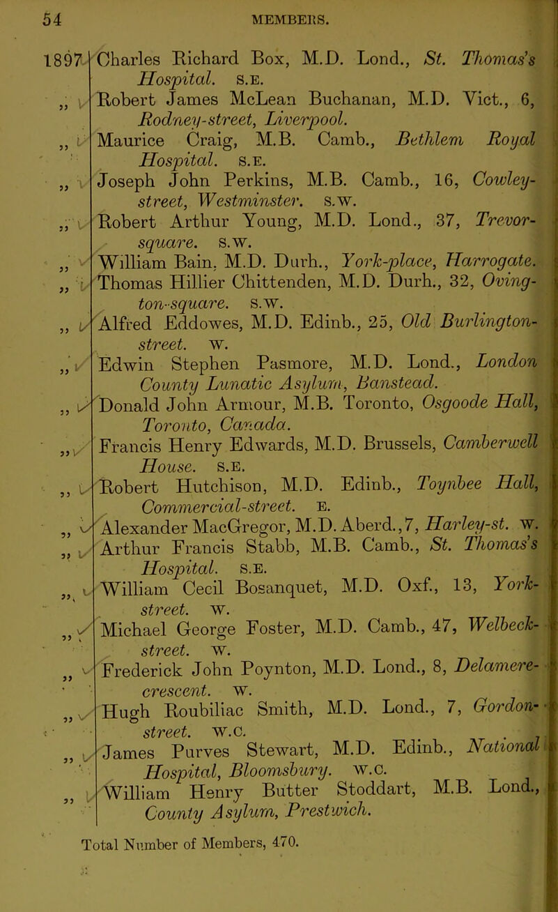 1897 J> v ■ *» y 77 Charles Richard Box, M.D. Lond., St. Thomas's Hospital, s.e. Robert James McLean Buchanan, M.D. Viet., 6, Rodney-street, Liverpool. Maurice Craig, M.B. Camb., Bethlem Royal Hospital, s.e. Joseph John Perkins, M.B. Camb., 16, Cowley- street, Westminster, s.w. Robert Arthur Young, M.D. Lond., 37, Trevor- square, s.w. William Bain. M.D. Durh., York-place, Harrogate. Thomas Hillier Chittenden, M.D. Durh., 32, Oving- „ 1/ „ 33 V / 3 3 33 33 33 33 1/ L. v/ ton-square, s.w. Alfred Eddowes, M.D. Edinb., 25, Old Burlington- street, w. Edwin Stephen Pasmore, M.D. Lond., London County Lunatic Asylum, Banstead. Donald John Armour, M.B. Toronto, Osgoode Hall, Toronto, Canada. Francis Henry Edwards, M.D. Brussels, Camberwell House, s.e. Robert Hutchison, M.D. Edinb., Toynbee Hall, Commercial-street, e. 5, Alexander MacGregor, M.D. Aberd.,7, Harley-st. w. Arthur Francis Stabb, M.B. Camb., St. Thomas s Hospital, s.e. William Cecil Bosanquet, M.D. Oxf., 13, York- street. Michael George Foster, M.D. Camb., 47, Welbeck- street. Frederick John Poynton, M.D. Lond., 8, Delamere- crescent. w. Hugh Roubiliac Smith, M.D. Lond., 7, Gordon- StV6€t. w.a James Purves Stewart, M.D. Edinb., National ILospital, Bloomsbury, w.c. William Henry Butter Stoddart, M.B. Lond., County Asylum, Prestwich. 33 33 1/ 33 Total Number of Members, 470.
