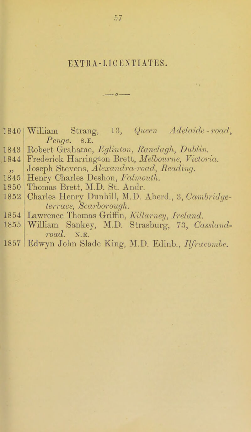 EXTRA-LICENTIATES. 1840 1843 1844 1845 1850 1852 1854 1855 1857 William Strang, 13, Queen Adelaide - road^ Penge. s.e. Robert Gi-ahame, Eglinlon, Ranelagh, Dublin. Frederick Harrington Brett, Melbourne, Victoria. Joseph Stevens, Alexandra-road, Reading. Henry Charles Deshon, Falmouth. Thomas Brett, M.D. St. Anclr. Charles Henry Dnnhill, M.D. Aberd., 3, Canibridge- terrace, Scarborough. Lawrence Thomas Gi'iffin, Killarney, Ireland. William Sankey, M.D. Strasburg, 73, Cassland- road. N.E. Edwyn John Slade King, M.D. Edinb., Ilfracomhe.