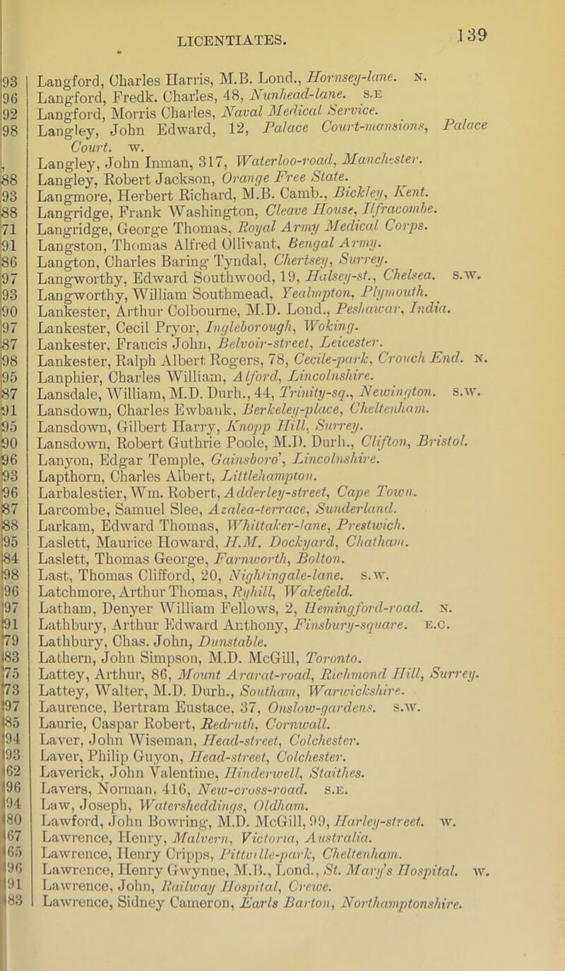 Langford, Charles Harris, M.B. Lond., Ilornsey-lane. n. Langford, Fredk. Charles, 48, Nunhead-lane. s,e Langford, Morris Charles, Naval Medical Service. Langley, John Edward, 12, Palace Court-7ucnmons, Palace Court, w. Langley, John Inman, 317, Waterloo-road, Manchester. Langley, Robert Jackson, Orange Free State. Langmore, Herbert Richard, M.B. Camb., PtckJey, Kent. Langridge, Frank Washington, Cleave House, Ilfracomhe. Langridge, George Thomas, Royal Army Medical Corps. Langston, Thomas Alfred Ollivant, Bengal Army. Langton, Charles Baring Tyndal, Chertsey, Surrey. Langworthy, Edward Southwood, 19, Halsey-st., Chelsea, s.w. Langworthy, William Southmead, Yealmpton, Plymouth. Lankester, Arthur Colboume, M.D. Lond., Peshawar, India. Lankester, Cecil Fryor, Inglehorough, Woking. Lankester, Francis John, Belvoir-street, Leicester. Lankester, Ralph Albert Rogers, 78, Cecile-2wrk, Crouch End. N. Lanphier, Charles William, Alford, Lincolnshire. Lansdale, William, M.D. Durh., 44, Trinity-sq., Newingtoii. s.w. Lansdown, Charles Ewbank, Berkeley-place, Cheltenham. Lansdown, Gilbert Hariy, Knopp Hill, Surrey. Lansdown, Robert Guthrie Poole, AI.D. Durh., Clifton, Bristol. Lanyon, Edgar Temple, Gainsboro’, Lincolnshire. Lapthorn, Charles Albert, Liltlehampton. Larbalestier,Wm. Robert, AcWerZey-sb'eet, Cape Town. Larcombe, Samuel Slee, Azalea-terrace, Sunderland. Larkam, Edward Thomas, Whiltaker-tane, Prestwich. Laslett, Maurice How-ard, H.M. Dockyard, Chatham. Laslett, Thomas George, Farnworth, Bolton. Last, Thomas Clifford, 20, Nighiingale-lane. s.w. Latchmore, Arthur Thomas, Ryhill, Wakefield. Latham, Denj'er AVilliam Fellows, 2, Hemingford-road. n. Lathbury, Arthur Edward Anthony, Finshury-square. e.c. Lathbury, Chas. John, Dunstable. Lathern, John Simpson, M.D. McGill, Toronto. Lattey, Arthur, 86, Mount Ararat-road, Richmond Hill, Surrey. Lattey, Walter, M.D. Durh., Southam, Warwickshire. Laurence, Bertram Eustace, 37, Onshw-gardens. s.tv. Laurie, Caspar Robert, Redruth, Cornwall. Laver, John Wiseman, Head-street, Colchester. Laver, Philip Guyon, Head-street, Colchester. Laverick, John Valentine, Hinderwell, Staithes. Lavers, Norman, 416, New-cruss-road. s.e. Law, Joseph, Watei'sheddings, Oldham. Lawford, John Bowring, M.D. McGill, 09, Harley-street. w. LaAvrence, Henry, Malvern, Victoria, Australia. Lawrence, Henry Cripps, Pittuilie-park, Cheltenham. Lawrence, Henry Gwynne, M.B., Lond., St. Marfs Hospital, av. LaAvrence, John, Railway Hospital, Crewe. LaAvrence, Sidney Cameron, Earls Barton, Northamptonshire.