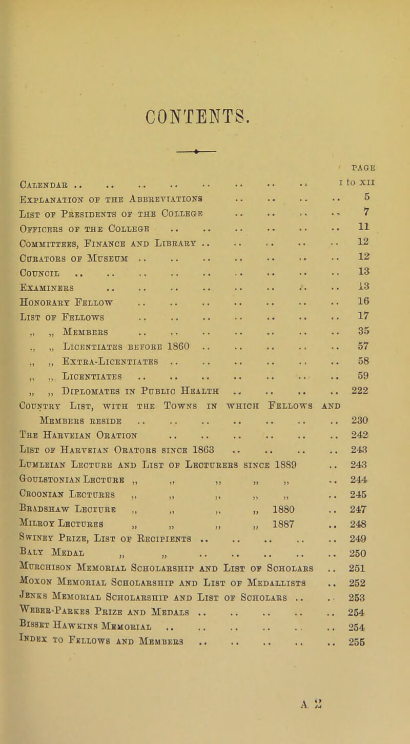 CONTENTS Calendar .. .. PAGE I to XII Explanation op the Abbreviations .. • • 5 List op Presidents of the College . . 7 Opficees of the College . . • • 11 Committees, Einance and Library .. . . 12 Curators op Museum .. . « .. 12 Council . . 13 Examinees . . . . . . 13 Honorary Fellow . . . . . • 16 List op Fellows . . • . 17 „ „ Members . . . . 35 „ Licentiates before 1860 .. . . . . .. 57 „ „ Extra-Licentiates .. . . . . . . 58 „ „ Licentiates . . . . . • 59 „ „ Diplomates in Public Health . , . . .. 222 Country List, with the Towns in Members reside which Fellows AND 230 The Haryeian Oration .. . . 242 List op Haryeian Orators since I860 .. . . 243 Lumleian Lecture and List of Lecturers since 1889 . . 243 Goulstonian Lecture „ ,, ,, .. 244 Ceoonian Lectures ,, ,, ,, >> , . 245 Bradshaw Lecture ,, „ ,, >> 1880 . . 247 Mileoy Lectures „ „ ,, 1887 248 Swiney Prize, List op Recipients .. 249 Baly Medal „ „ .. . , , . , 250 Murchison Memorial Scholarship and List of Scholars 251 Moxon Memorial Scholarship and List of Medallists ,, 252 Jenks Memorial Scholarship and List of Scholars .. 253 Weber-Parkes Prize and Medals .. , # • . . 254 Bisset Hawkins Memorial , , . • . 254 Index to Fellows and Members 255 A. o 2W