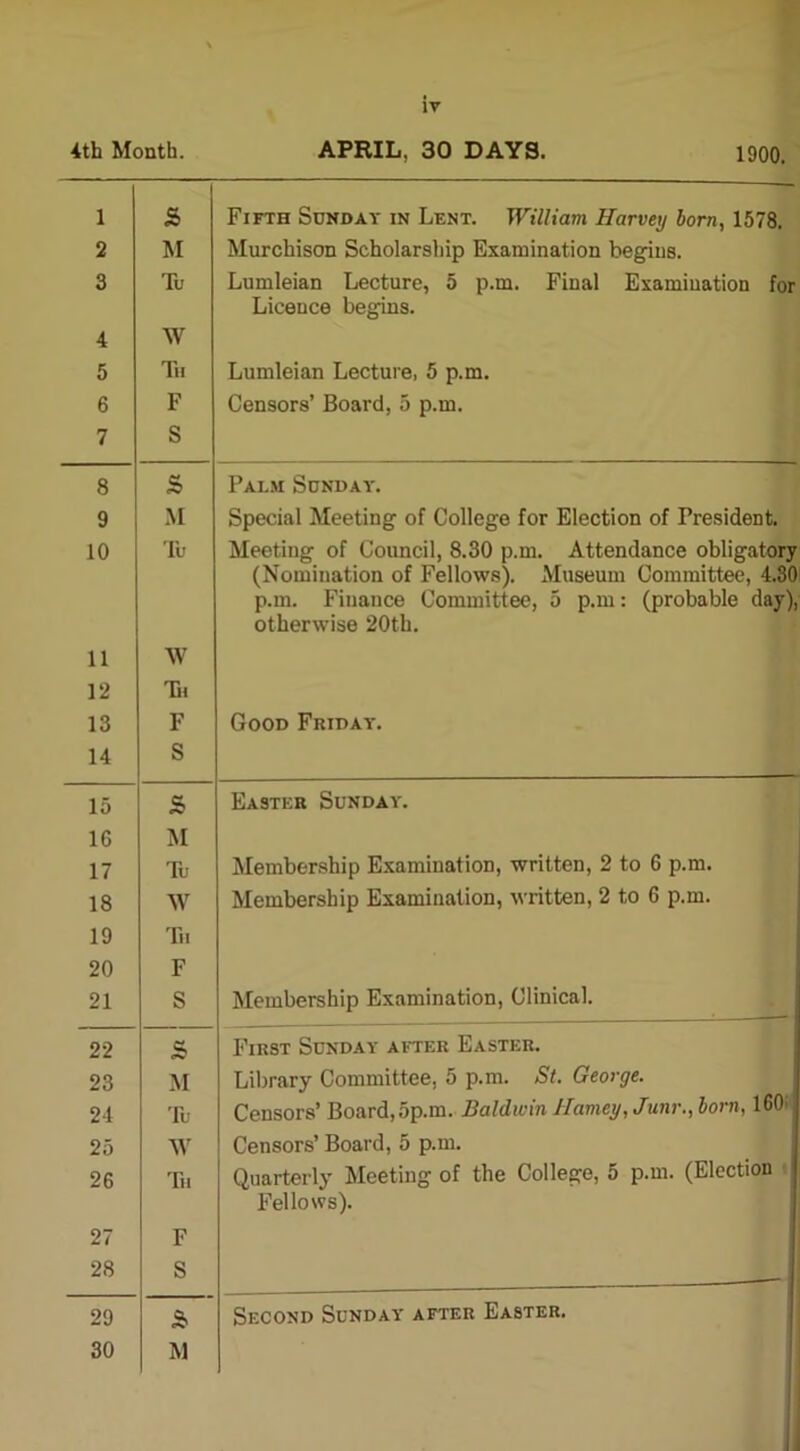4th Month. APRIL. 30 DAYS. 1900. 1 2 3 4 5 6 7 S> M Tu W Tii F S Fifth Sunday in Lent. William Harvey born, 1578. Murchison Scholarship Examination begins. Lumleian Lecture, 5 p.m. Final Examination for Licence begins. Lumleian Lecture, 5 p.m. Censors’ Board, 5 p.m. 8 £ Palm Sunday. 9 M Special Meeting of College for Election of President. 10 Tu Meeting of Council, 8.30 p.m. Attendance obligatory 11 W (Nomination of Fellows). Museum Committee, 4.30 p.m. Finance Committee, 5 p.m: (probable day), otherwise 20th. 12 Ti« 13 F Good Friday. 14 S 15 s Easter Sunday. 1G M 17 Tu Membership Examination, written, 2 to G p.m. 18 W Membership Examination, written, 2 to 6 p.m. 19 Tu 20 F 21 S Membership Examination, Clinical. 22 s First Sunday after Easter. 23 M Library Committee, 5 p.m. St. George. 24 Tu Censors’ Board,5p.m. Baldwin Harney, Junr., bom, 160 25 W Censors’ Board, 5 p.m. 26 Tu Quarterly Meeting of the College, 5 p.m. (Election 27 F Fellows). 28 S - j 29 £ Second Sunday after Easter. 30 M