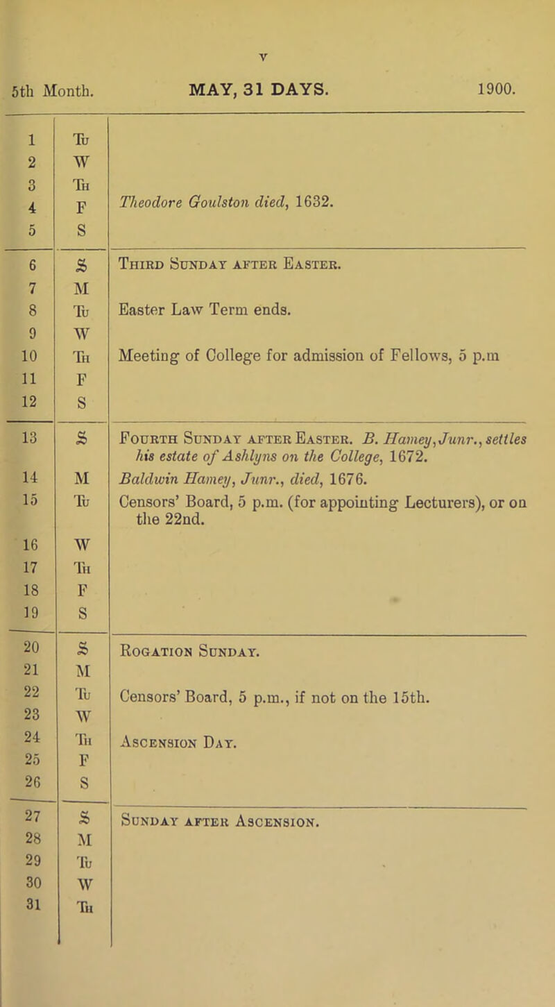 y 5th Month. MAY, 31 DAYS. 1900. 1 2 3 4 5 Tu W Th F S Theodore Goulston died, 1632. 6 55 Third Sunday after Easter. 7 M 8 Tu Easter Law Term ends. 9 W 10 Tii Meeting of College for admission of Fellows, 5 p.m 11 F 12 S 13 S Fourth Sunday after Easter. B. Harney,Junr., settles his estate of Ashlyns on the College, 1672. 14 M Baldwin Harney, Junr., died, 1676. 15 Tu Censors’ Board, 5 p.m. (for appointing Lecturers), or on the 22nd. 16 W 17 Th 18 F 19 S 20 55 Rogation Sunday. 21 M 22 Tu Censors’ Board, 5 p.m., if not on the 15th. 23 W 24 Tu Ascension Day. 25 F 26 S 27 55 Sunday after Ascension. 28 M 29 Tu 30 W