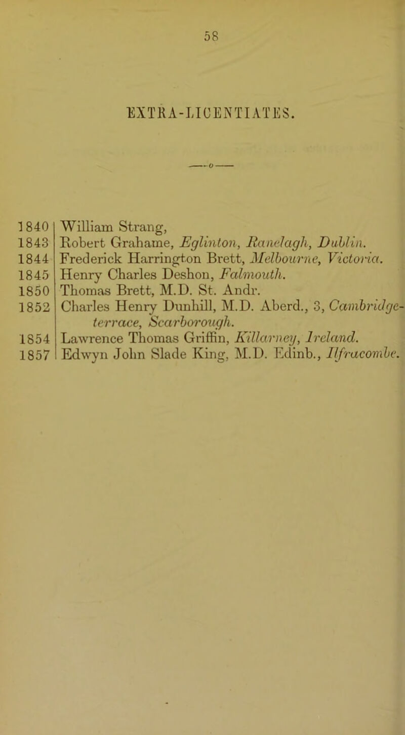 EXTRA-LICENTIATES. 1840 1843 1844 1845 1850 1852 1854 1857 William Strang, Robert Grahaine, Eglinton, Ranelagh, Dublin. Frederick Harrington Brett, Melbourne, Victoria. Henry Charles Deshon, Falmouth. Thomas Brett, M.D. St. Andr. Charles Henry Dunhill, M.D. Aberd., 3, Cambridge- terrace, Scarborough. Lawrence Thomas Griffin, Killarney, Ireland. Edwyn John Slade King, M.D. Edinb., Ilfracombe.