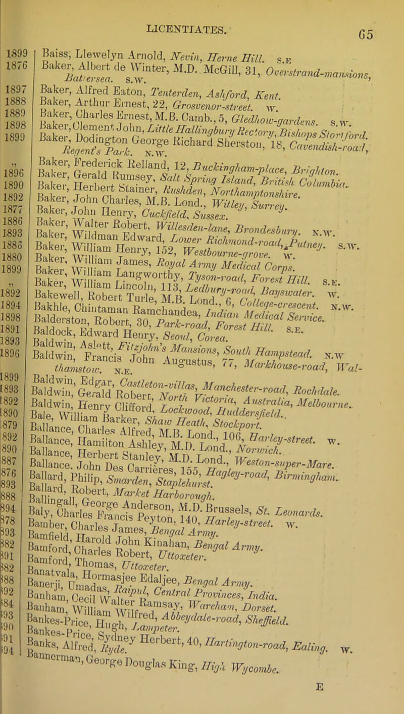 Go 1899 1876 1897 1888 1889 1898 1899 1896 1890 1892 1877 1886 1893 1883 1880 1899 1892 1894 1898 1891 1893 1896 1899 1893 1892 1890 .879 892 890 887 876 893 888 894 878 893 882 891 882 888 192 184 193 190 191 194 Baiss, Llewelyn Arnold, Kevin, Heme Hill. s e *^.de^tor’ M'D' McGi“' “■ Baker, Alfred Eaton, Tenterden, Ashford, Kent. Baker, Arthur Ernest, 22, Grosvenor-street. w. “*”* stfrat“-1S- i»2K5 Baker’ Rellan(J'> 12, Buchingham-place, Brighton Baker’ S f J*™1?6* Salt SP™W Island, BritUh Columbia t b amer> Kushden, Northamptonshire Baker’ T m ?TharJes-M'B- L°nd-’ WUUs, Surrey. Baker, John Henry, Cud-field. Sussex. J Baker, Walter Kobert, Willesden-lane, Brondrsbum v w Baker’ Edward, Lover RicLond-roZd^utnem' s w Baker' WiilB L™* Ba dock, Edward Henry, Seoul, Corea. ' ' bS:!°; r thamstow. n.e. ° ’ MaiMouse-road, Wal- ££5 slSSS-°%?rnav w' Ba ance. John Des Carrilres 155 ffw ‘‘‘'•-‘P’r-Mtire. Ba S’ KP’ Sfilehura. S J' ' ***>- ISImil! ; ’1': Mw'l“ Uarborougl,. Baly, Oaa’rles'SoSSon Uo' IS?eb’, S‘‘ L'Jmr,L’~ Bnm f 1’ ^ i?mas) Uttoxeter. Banerji^Hmadas18^'6,6 W'66’ BenVal ArmV- Banks, Alfred, ltydeJ Uerbert> 40>IIaiKington-read, Ealing. anuermarj, George Douglas King, High Wycombe. w. E