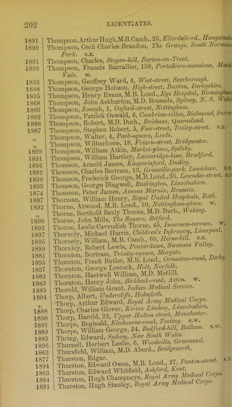 1891 1899 1891 1899 1S93 1888 1895 1868 1866 1892 1888 1887 S.E. g.E Thompson, Arthur Hugh,M.B.Camb., 26, Ellerdale-rd., Hampstead Thompson, Cecil Charles Brandou, The Grange, South Aorwoo* Park. s.e. Thompson, Charles, Stapen-hill^ Purton^on-Trent. . Thompson, Francis Barrallier, 158, Portsdown-mansions, Mata Vale. w. _ . , Thompson, Geoffrey Ward, 4, TPest-street, Scarborough. Thompson, George Hobson, Iligh-street, Buxton, Derbyshire. Thompson, Henry Evans, M.B. Lond.,A> 2To».<aZ, Thompson, John Ashburton, M.D. Brussels, Sydney, K. S. ah Thompson. Joseph, 1, Oxford-street, Nottingham. Thompson, Patrick Oswald, 6, Cambnan-villas, Richmond, Sune Thompson, Robert, M.D. llurh., Brisbane, Queensland. Thompson, Stephen Robert, 5, Fair-street, 1 ooley-street Thompson, Walter, 4, Park-square, Leeds. Thompson, Wilberforce, 18, Friarn-street, Bridgwater. Thompson, William Atkin, Market-place, Spilsby. Thompson, William Hartley, Laisteridge-lane, Bradford. Thomson, Arnold James, Kingswinjord, Dudley. Thomson, Charles Bertram, 13, Granvtll e-park, Acim/iaw). - Thomson, Frederick George, M.ll. Loud., 33, Lowndes-street. a. Thomson, George Dingwell, Ruskington, Lincolnshire. Thomson, Peter James, Avenue Marnix, Brussels. Thorman, William Henry, Royal United Hospitals, Lath. Thorne, Atwood, M.B. Bond., 10, Nottingham-place. w. Thorne, Bertliold Bezly Thorne, M.D. Durh., D oking. Thorne, John Mills, The Square, Retford. Thorne, Leslie Cavendish Thorne, 45, Inverness-terrace. Thornely, Michael Harris, Children's Infirmary, Liverpool. Thornely, William, M.B. Camb., 60, 11 erne-hill. s e- Thornley, Robert Lewis, Pontardawe, Swansea 1 alley. Thornton, Bertram, Trinity-square, Margate. Thornton, Frank Butler, M.B. Lond., Ormaston-road, Dcibj. Thornton, George Lestock, Holt,Noifolk. Thornton, Ilastwell William, M.D. McGill. Thornton, Henry John, Birkbeck-road, Acton, w. Thorold, William Grant, Indian Medical Service. Thorp, Albert, Undercliffe, Ilolmfirth. Thorp, Arthur Edward, Royal Army Medical Lor] ■. Thorn, Charles Glover, Kirton Lindsey, Lincolnshire. Thorp, Harold, 22, Upper Hulton street, Manchester. Thorne Reginald, Elmbournc-road, looting, s.vt. Thorpe,' Siam George, 34, Bedford-lnll Balkan,, s.w. Thring, Edward, Sydney, Neiv South \\ ales. Thurnell, Herbert Leslie, 6, Woodville, Gratesent. Thursfield, William, M.D. Aberd., Bndgenortli. SS“u, E& Owen, M B. Lend 27, Pantoa-Cre,,. Thurston, Edward Whitfield, Ashfoid, Kent. T m-eton Hugh Ohampneys, W Arm **%**•: Tburston, Hugh Stanley, Boyal Amy Med,cal Cepe. S.v