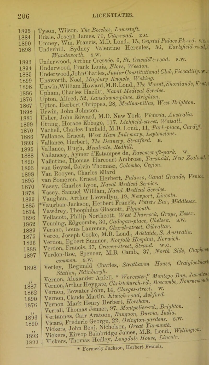 1895 1884 1890 1898 1893 1894 1885 1899 1898 1886 1876 1867 1898 1881 1899 1870 1886 1893 1895 1888 1890 1893 1898 1895 1870 1878 1899 1885 1874 1896 1862 1889 1875 1896 1888 1897 1898 1887 1862 1890 1876 1896 1890 1893 1890 Tyson, Wilson, The Beeches. Lowestoft. Udale, Joseph James, 70, City-road, e c. Umuey, Win. Francis, M.D. Lond., 15, Crystal Palace Pk.-rd. s.e. Underhill, Sydney Valentine Hercules, 56, Earlsfeld-roadM Wandsworth. S.w. Underwood, Arthur Cressee, 6, St. Oswald s-road. s.w. Underwood, Frank Louis, Flore, Weedon. Underwood,John Charles,/imiorG’ojisWifOonc/Z Club, Piccadilly.yr. Unsworth, Noel, Maybury Knowle, Woking. Unwin,William Howard,M.B.Lond., 2%e Mount, Shortlands,Kcnt. Upham, Charles Hazlitt, Naval Medical Service. Upton, Allred, 52, Lansdowne-place, Brighton. Upton. Herbert Chrippes, 28, Medina-villas, West Brighton. Urwin, John Johnson. . . Usher, John Edward, M.D. New York, Victoria, Australia. Utting, Horace Ebbage, 117, Lichfield-street, 11 alsall. 1 Vachell, Charles Tanfield, M.D. Lond., 11. Park-place, Cardijl. Vallance, Ernest, West Ham Infirmary, Leytonstone. Vallance, Herbert, The Deanery, Stratford, e. Vallance, Hugh, Meadvale, Redliill. Vallancey, Aymer d’Estampes de, Ravenscroft-par k. w. Valintine, Thomas Harcourt Ambrose, Taranaki, New Zealand. van Coyzel, Colvin Thomasz, Colombo, Ceylon. Van Rooyen, Charles Ellard , T7- • van Someren, Ernest Herbert, Palazzo, Canal Grande, 1 eiuce. Vasey, Charles Lyon, Naval Medical Service. Vasev, Samuel William, Naval Medical Service. Vaughan, Arthur Llewellyn, 19, Newport, Lincoln •Vaughan-Jackson, Herbert Francis, Potters Bar, Middlesex. Vawdrey, Theophilus Glascott, Plymouth. Vellacott, Philip Northcott, West Thurrock, Grays, Essex. Venning, Edgcombe, 30, Cadogan-place, Chelsea, s.w. Verano, Louis Laurence, Church-street, Gibraltar. Verco, Joseph Cooke, M.D. Lond., Adelaide, S. Australia. Verdou, Egbert Sumner, Norfolk Hospital, Norwich. Verdon Francis, 37, Craven-street, Strand, w.c. vlrto-B™ Spencer, M.B. Camb, 87, North Solo, CM* Veriq™il”gin'iJd Charles, Stmthavm Horn Craigtodha* Vernon, Bowater John, 14, Clarges-street. w. Vernon, Claude Martin, Elwick-road, Ashford. Vernon Mark Henry Herbert, Horsham. Verrall, Thomas Jeuner, 97, Montpeher-rd., Brighton. Vertaunes, Carr Aratoon, Rangoon, Bimna, India. Vicars Frederic George, 22, Ovington-gardens. s.w. Vickers, John Benj. Nicholson, Great Y armouth. Vickers Kirsop Bainbndge James, M.B. Lond., weumj Vickers’. Thomas Iledley, Longdale House, ^incn »■ # Formerly Jackson, Herbert Francis.