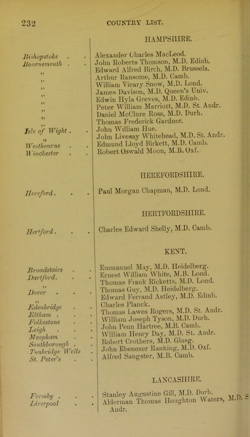 Bishopstoke Bournemouth . 11 >1 Jsle o/ . Westbourne Winchester Hereford. Hertford. Broadstairs Hartford. 11 Dover 11 Fdenbridgc Eltham . Folkestone Leigh Meopham Southborough . Tonbridge Wells St. Peter’s Formby . Liverpool HAMPSHIRE. Alexander Charles MacLeod. John Roberts Thomson, M.D. Edinb. Edward Alfred Birch, M.D. Brussels. Arthur Ransome, M.D. Camb. William Vicary Snow, M.D. Bond. James Davison, M.D. Queen’s Univ. Edwin Hyla Grevos, M.D. Edinb. Peter William Marriott, M.D. St. Andr. Daniel McClure Ross, M.D. Durh. Thomas Frederick Gardner. John William Hue. John Livesay Whitehead, M.D. St. Andr. Edmund Lloyd Birkett, M.D. Camb. Robert Oswald Moon, M.B. Oxf. HEREFORDSHIRE. Paul Morgan Chapman, M.D. Lond. HERTFORDSHIRE. Charles Edward Shelly, M.D. Camb. KENT. Emmanuel May, M.D. Heidelberg. Ernest William White, M.B. Lond. Thomas Frank Ricketts, M.D. Lond. Thomas Guy. M.D. Heidelberg. Edward Ferrand Astley, M.D. Edinb. Charles Planck. Thomas Lawes Rogers, M.D. St. Andr. William Joseph Tyson, M.D. Durh. John Penn Hartree, M.B. Camb. William Henry Day, M.D. St. Andr. Robert Crothers, M.D. Glasg. John Ebenezer Ranking, M.D. Oxf. Alfred Saugster, M.B. Camb. LANCASHIRE. . Stanley Augustine Gill, M.D. Durh. . Alderman Thomas Houghton Waters, Andr. M.D. S