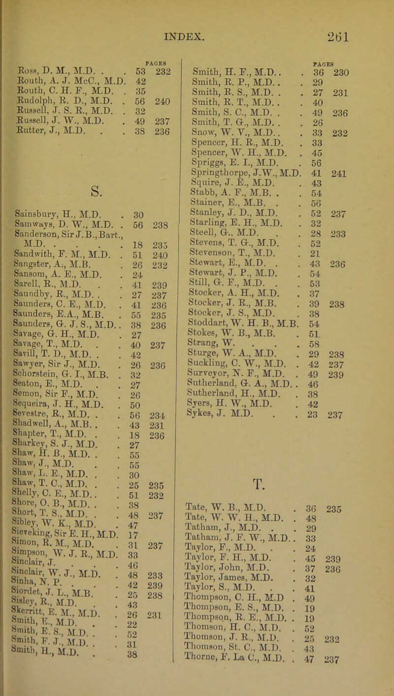 Boss, D. M., M.D. . Eouth, A. J. McC., M.D. Eouth, C. IT. F., M.D. . Eudolph, E. D., M.D. . Eussell, J. S. B., M.D. . Bussell, J. W., M.D. Eutter, J., M.D. s. Sainsbury, II.. M.D. Sam ways, D. W., M.D. . Sanderson, Sir J.B., Bart., M.D Sandwith, F. M., M.D. . Sangster, A., M.B. Sansom, A. E., M.D. Sarell, E., M.D. Saundby, E., M.D. . Saunders, C. E., M.D. Saunders, E.A., M.B. Saunders, G\ J. S., M.D.. Savage, G. H„ M.D. Savage, T., M.D. Savill, T. D., M.D. . Sawyer, Sir J., M.D. Schorsteiu, G. I., M.B. Seaton, E., M.D. Semon, Sir F., M.D. Sequeira, J. H., M.D. Sevestre, E., M.D. . Shadwell, A., M.B. . Shapter, T., M.D. . Sharkey, S. J., M.D. Shaw, H. B., M.D. . Shaw, J., M.D. Shaw, L. E., M.D. . Shaw, T. C„ M.D. . Shelly, C. E., M.D.. Shore, 0. B., M.D. . Short, T. S., M.D. . Sibley, W. K., M.D. Sieveking, Sir E. H., M.D. Simon, B. M., M.D. Simpson, W. J. e,; m.D. Sinclair, J. Sinclair, W. J., M.D. Smha, N. P. Siordet, ,1. L., M.B. Sisley, E., M.D. . Skerritt, E. M., M.D. . Snuth, E., M.D. . Smith, E. S., M.D. 5mith, F. J., M.D. . Snuth, H., M.D. PAGES 53 232 42 35 56 32 49 3S 240 237 236 30 56 23S 18 235 51 240 26 232 24 41 239 27 237 41 236 55 235 38 236 27 31 237 33 46 48 233 42 239 25 238 43 26 231 22 52 31 38 Smith, H. F., M.D.. Smith, E. P., M.D. . Smith, E. S., M.D. . Smith, E. T., M.D. . Smith, S. C., M.D. . Smith, T. G., M.D. . Snow, W. V., M.D.. Spencer, H. E., M.D. Spencer, W. H., M.D. . sPr'gg8, E. I., M.D. Springthorpe, J.W., M.D. Squire, J. E., M.D. Stabb, A. F., M.B. . Stainer, E., M.B. . Stanley, J. D., M.D. Starling, E. H., M.D. Steel], G., M.D. Stevens, T. G., M.D. Stevenson, T., M.D. Stewart, E., M.D. . Stewart, J. P., M.D. Still, G. F„ M.D. . Stocker, A. H., M.D. Stocker, J. B., M.B. Stocker, J. S., M.D. Stoddart, W. H. B., M.B. Stokes, W. B., M.B. Strang, W. PAGES 36 230 29 27 231 40 49 236 26 33 232 33 45 56 41 241 43 54 56 52 237 32 28 233 52 21 43 236 54 53 37 39 238 38 54 51 58 . 42 Sturge, W. A., M.D. 29 238 . 26 236 Suckling, C. W., M.D. 42 237 . 32 Surveyor, N. F., M.D. Sutherland, G. A., M.D. 49 239 . 27 46 . 26 Sutherland, H., M.D. 38 . 50 Syers, 11. W., M.D. 42 . 56 234 Sykes, J. M.D. 23 237 . 43 231 . 18 236 . 27 . 55 . 55 . 30 . 25 235 T. . 51 232 . 38 237 Tate, W. B., M.D. 36 235 . 48 Tate, W. W. H., M.D. . 48 . 47 Tatham, J., M.D. . 29 jLatham, J. 1. W., M.D.. 33 Taylor, F., M.D. . . 24 Taylor, F. H., M.D. . 45 239 Taylor, John, M.D. . 37 236 Taylor, James, M.D. . 32 Taylor, S., M.D. . . 41 Thompson, C. H., M.D . 49 Thompson, E. S., M.D. . 19 Thompson, E. E., M.D. . 19 Thomson, II. 0., M.D. . 52 Thomson, J. E., M.D. . 25 232 Thomson, St. C., M.D. . 43 Thorne, F. La 0., M.D. . 47 237