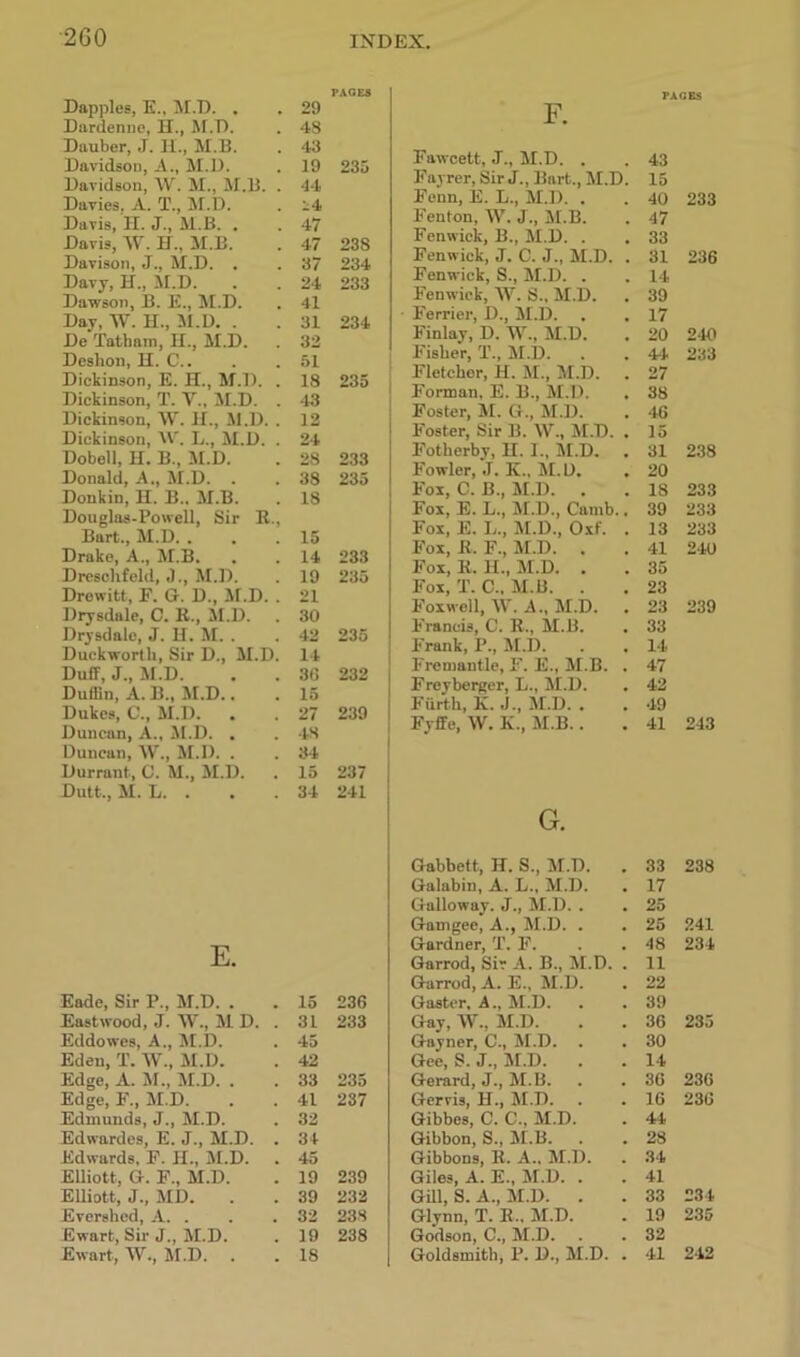 2G0 PAGES Dapples, E., M.D. . 29 Dardenne, H., M.D. 48 Dauber, J. H., M.B. 43 Davidsou, A., M.D. 19 235 Davidson, W. M., M.B. . 44 Davies, A. T., M.D. -4 Davis, H. J., M.B. . 47 Davis, W. H„ M.B. 47 238 Davison, J., M.D. . 37 234 Davy, H„ M.D. 24 233 Dawson, B. E., M.D. 41 Day, W. H., M.U. . 31 234 De Tatbam, H., M.D. 32 Deslion, H. C.. 51 Dickinson, E. H., M.D. . 18 235 Dickinson, T. V., M.D. . 43 Dickinson, TV. H., M.D. . 12 Dickinson, W. L., M.D. . 24 Dobell, H. B., M.D. 28 233 Donald, A., M.D. . 38 235 Donkin, H. B.. M.B. 18 Douglas-Powell, Sir R., Bart., M.D. . 15 Drake, A., M.B. 14 233 Dresclifeld, J., M.D. 19 235 Drewitt, F. G. D., M.D. . 21 Drysdale, C. R., M.D. . 30 Drysdale, J. U. M. . 42 235 Duckworth, Sir D., M.D. 14 Duff, J., M.D. 30 232 Duflin, A. B., M.D., 15 Dukes, C., M.D. 27 239 Duncan, A., M.D. , 48 Duncan, TV., M.D. . 34 Durrant, C. M., M.D. 15 237 Dutt., M. L. . 34 241 E. Eade, Sir P., M.D. . 15 230 Eastwood, J. TV., M D. . 31 233 Eddowes, A., M.D. 45 Eden, T. W., M.D. 42 Edge, A. M., M.D. . 33 235 Edge, F., M.D. Edmunds, J., M.D. 41 237 32 Edwardes, E. J., M.D. . 3+ Edwards, F. H., M.D. . 45 Elliott, G. F., M.D. 19 239 Elliott, J., MD. 39 232 Evershed, A. . 32 238 Ewart, Sir J., M.D. 19 238 F. PAGES Fawcett, J., M.D. . 43 Fayrer, Sir J., Bart., M.D. 15 Fenn, E. L., M.D. . 40 233 Fenton, W. J., M.B. 47 Fenwick, B., M.D. . 33 Fenwick, J. C. J., M.D. . 31 236 Fenwick, S., M.D. . 14 Fenwick, W. S., M.D. 39 Ferrier, D., M.D. 17 Finlay, D. W., M.D. 20 240 Fisher, T„ M.D. . 44 233 Fletcher, H. M., M.D. 27 Forman, E. B., M.D. . 38 Foster, M. G., M.D. 40 Foster, Sir B. W., M.D. . 15 Fotkerby, II. I., M.D. . 31 238 Fowler, J. K„ M.D. 20 Fox, C. B., M.D. . 18 233 Fox, E. L., M.D., Camb.. 39 233 Fox, E. L., M.D., Oxf. . 13 233 Fox, R. F., M.D. . 41 240 Fox, R. H., M.D. . 35 Fox, T. C., M.B. . 23 Foxwell, W. A.. M.D. . 23 239 Francis, C. R., M.B. 33 Frank, P., M.D. 14 Fremantle, F. E., M.B. . 47 Freyberger, L., M.D. 42 Fiirth, K. J., M.D. . 49 Fyffe, W. K., M.B.. 41 243 G. Gabbett, H. S., M.D. . 33 238 Galabin, A. L„ M.D. 17 Galloway. J., M.D. . 25 Gamgee, A., M.D. . 25 241 Gardner, T. F. 48 234 Garrod, Sir A. B., M.D. . 11 Garrod, A. E., M.D. 22 Gaster, A., M.D. 39 Gay, TV., M.D. 36 235 Gayner, C., M.D. . 30 Gee, S. J., M.D. . 14 Gerard, J., M.B. 30 230 Gervis, H., M.D. 16 230 Gibbes, C. C., M.D. 44 Gibbon, S., M.B. . 28 Gibbons, R. A., M.D. 34 Giles, A. E., M.D. . 41 Gill, S. A., M.D. . 33 234 Glynn, T. R., M.D. 19 235 Godson, C., M.D. 32