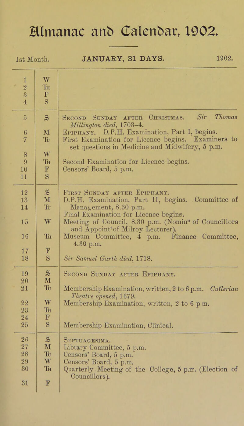 Hlmanac anb Calenbav, 1902. 1st Month. JANUARY, 31 DAYS. 1902. 1 2 3 4 W Th F S 5 a> Second Sunday after Christmas. Sir Thomas Millington died, 1703-4. 6 M Epiphany. D.P.H. Examination, Part I, begins. 7 Tu First Examination for Licence begins. Examiners to set questions in Medicine and Midwifery, 5 p.m. 8 W 9 Th Second Examination for Licence begins. 10 F Censors’ Board, 5 p.m. 11 S 12 z First Sunday after Epiphany. 13 M D.P.H. Examination, Part II, begins. Committee of 14 Tu Management, 8.30 p.m. Final Examination for Licence begins. 13 W Meeting of Council, 8.30 p.m. (Noininu of Councillors and Appoint* of Milroy Lecturer). 16 Th Museum Committee, 4 p.m. Finance Committee, 4.30 p.m. 17 F 18 S Sir Samuel Garth died, 1718. 19 8> Second Sunday after Epiphany. 20 M 21 Tu Membership Examination, written, 2 to 6 p.m. Cutlerian Theatre opened, 1679. 22 W Membership Examination, written, 2 to 6 p m. 23 Tu 24 F 25 S Membership Examination, Clinical. 26 % Septuagesima. 27 M Library Committee, 5 p.m. Censors’ Board, 5 p.m. 28 Tu 29 W Censors’ Board, 5 p.m. 30 Th Quarterly Meeting of the College, 5 p.ir. (Election of Councillors).