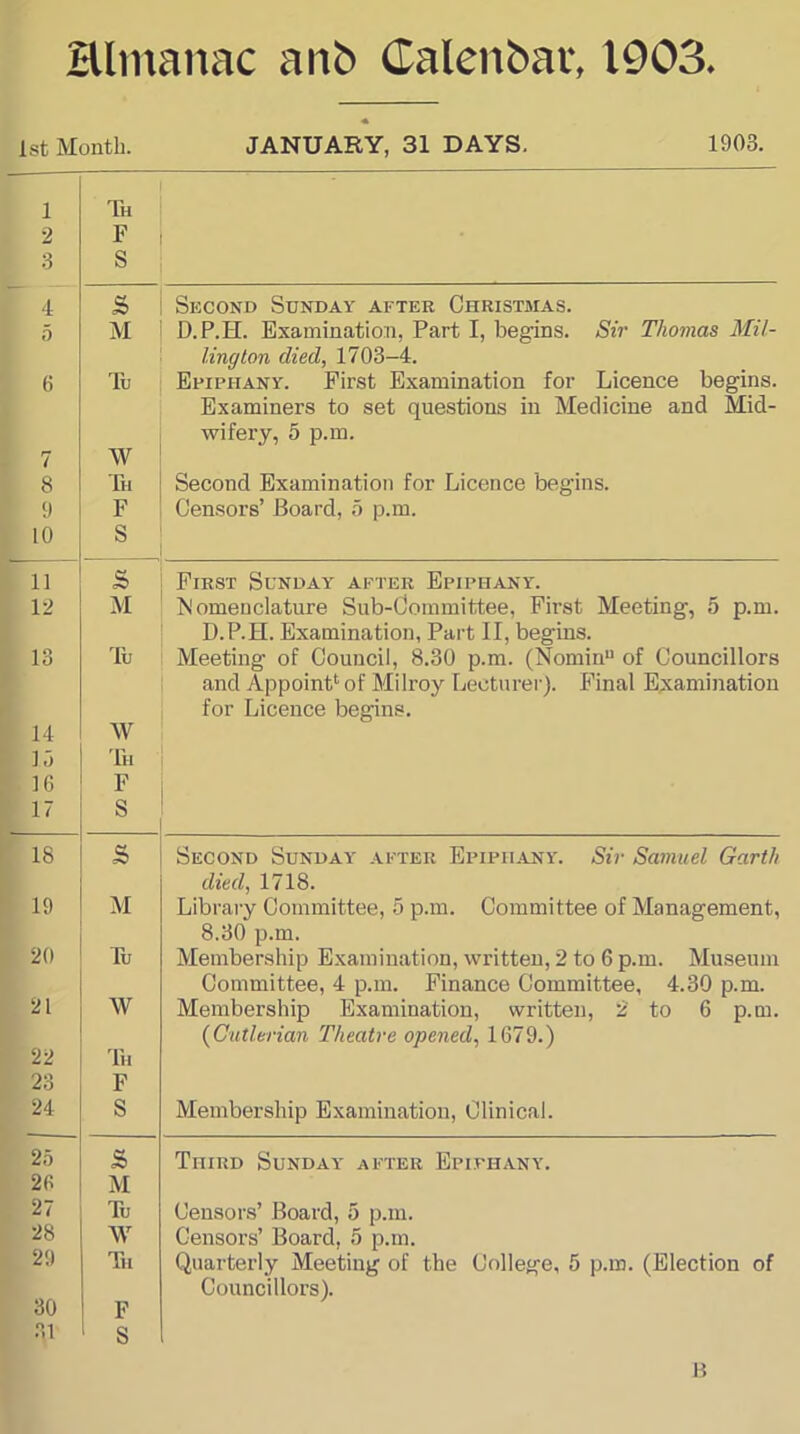 Hltnanac atib Calenbar, 1903 « 1st Month. JANUARY, 31 DAYS. 1903. 1 Th 2 3 F S . 4 s> Second Sunday after Christmas. i 1 ^ M D.P.H. Examination, Part I, begins. Sir Thomas Mil- lington died, 1703-4. 1 ^ Tu Epiphany. First Examination for Licence begins. Examiners to set questions in Medicine and Mid- wifery, 5 p.m. 7 W 8 Th Second Examination for Licence begins. 9 F Censors’ Board, 5 p.m. 10 S 11 s First Sunday after Epiphany. 12 M bi'omeuclature Sub-Committee, First Meeting, 5 p.m. D.P.H. Examination, Part II, begins. 13 lu Meeting of Council, 8.30 p.m. (Nomin“ of Councillors and Appoint^ of Milroy Lecturei'). Final Examination for Licence begins. 14 W 13 Ih . 16 F 17 S ’ 18 s Second Sunday after Epiphany. Sir Samuel Garth died, 1718. 19 M Library Committee, 5 p.m. Committee of Management, 8.30 p.m. 20 Tu Membership Examination, written, 2 to 6 p.m. Museum Committee, 4 p.m. Finance Committee, 4.30 p.m. W Membership Examination, written, 2 to 6 p.m. {Cutlerian Theatre opened, 1679.) 22 Th 23 F .4 S Membership Examination, Clinical. , 25 [ 26 L 27 ^ 28 \ 29 • 30 s M Tu \V Th F Third Sunday after Epiphany. Censors’ Board, 5 p.m. Censors’ Board, 5 p.m. Quarterly Meeting of the College, 5 p.m. (Election of Councillors). ; S B