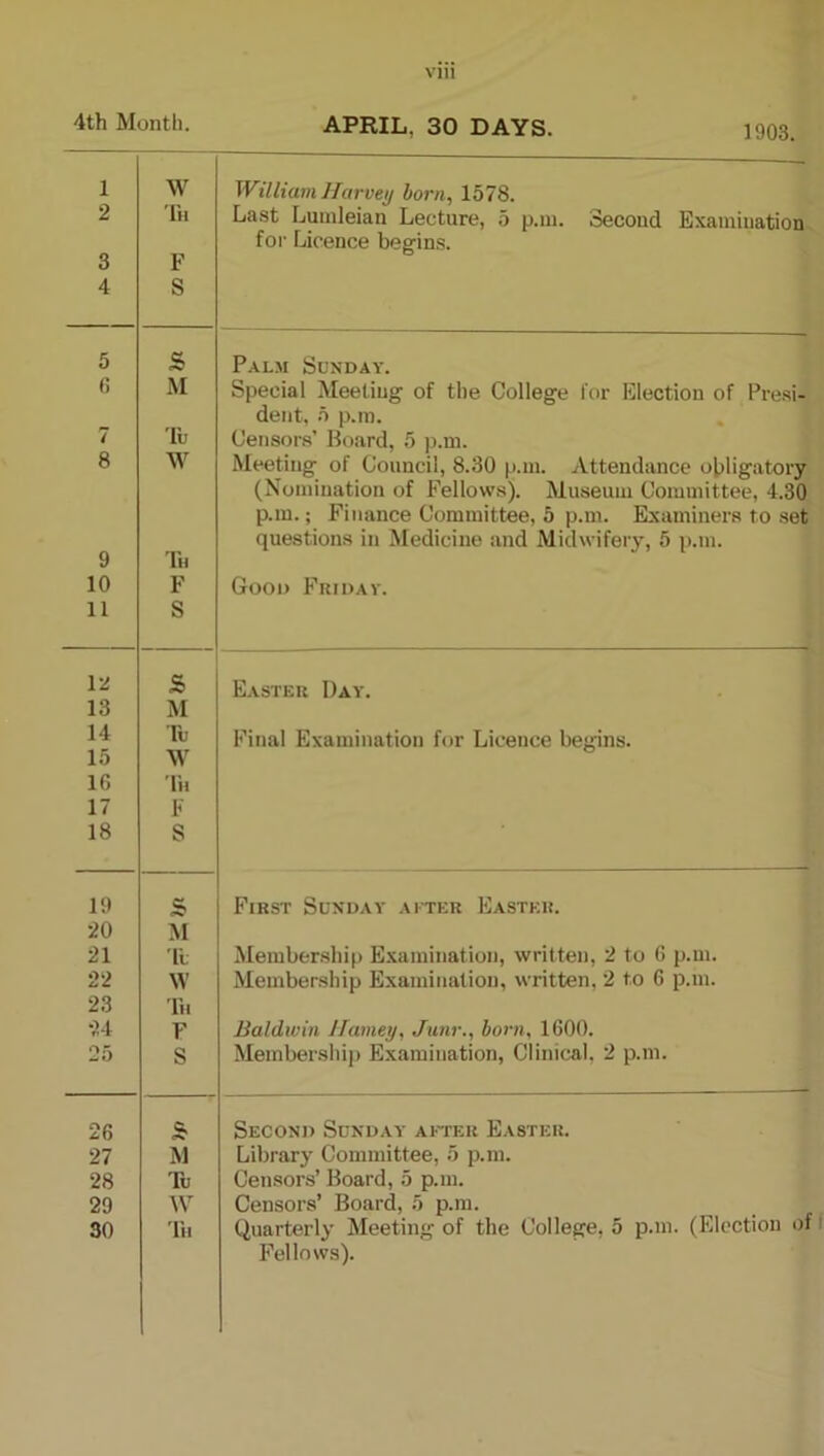 4th Month. APRIL, 30 DAYS. 1 2 3 4 W Til F S William Harvey born, 1578. Last Luinleian Lecture, 5 p.m. Second Examination for Licence begins. 5 s Palm Sunday. fi M Special Meeting of the College for Election of Presi- dent, 5 p.m. 7 lu Censors’ Board, 5 p.m. 8 W Meeting of Council, 8.30 p.m. Attendance obligatory (Nomination of Fallows). Museum Committee, 4.30 p.m.; Finance Committee, 5 p.m. Examiners to set 9 Th questions in Medicine and Midwifery, 5 p.m. 10 F Good F’uidav. 11 S 12 s Easter Day. 13 M 14 To Final Examination for Licence begins. 15 W 16 lii 17 F 18 S 19 s First Sunday after Easter. 20 M 21 ’ll Membership E.xamination, written, 2 to 6 p.m. 22 \V Membership Examination, written, 2 to 6 p.m. 23 III •u F Baldwin Harney, Junr., horn, 1600. 25 S Membership Examination, Clinical, 2 p.m. 26 s Second Sunday after Easter. 27 M Library Committee, 5 p.m. 28 To Censors’ Board, 5 p.m. 29 IV Censors’ Board, 5 p.m. 30 lit Quarterly Meeting of the College, 5 p.m. (Election of F’ellows).