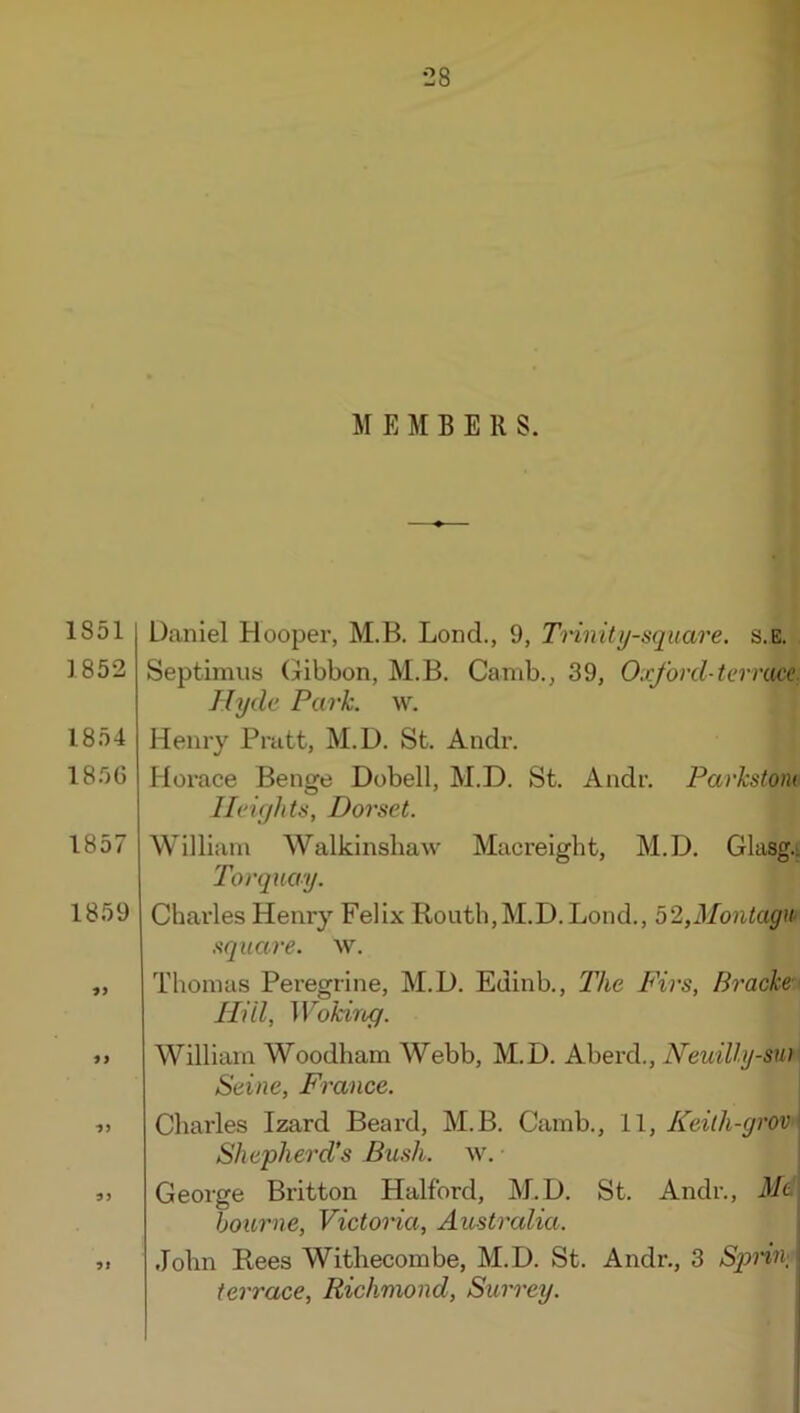 M E M B E R S. 1851 1852 1854 185G 1857 1859 If Daniel Hooper, M.B. Lond., 9, Trinity-square, s.e. Septimus (ribbon, M.B. Camb., 39, Oxford-ter voce; Hyde Park. w. Henry Pratt, M.D. St. Andr. Horace Benge Dobell, M.D. St. Andr. Parkstom Heights, Dorset. William Walkinsliaw Macreight, M.D. Glasg.t Torquay. Charles Henry Felix Routh,M.D. Lond., o2,Montagu square, w. Thomas Peregrine, M.D. Edinb., The P'irs, Bracke THU, Woking. »> William Woodham Webb, M.D. Aberd., NeuiUy-sui Seine, France. Charles Izard Beard, M.B. Camb., 11, ICeith-yrovi^ Shepherd’s Bush. w. George Britton Halford, M.D. St. Andr., Mt bourne, Victoria, Australia. \ It John Rees Withecombe, M.D. St. Andr., 3 Sp>niv terrace, Richmond, Surrey.