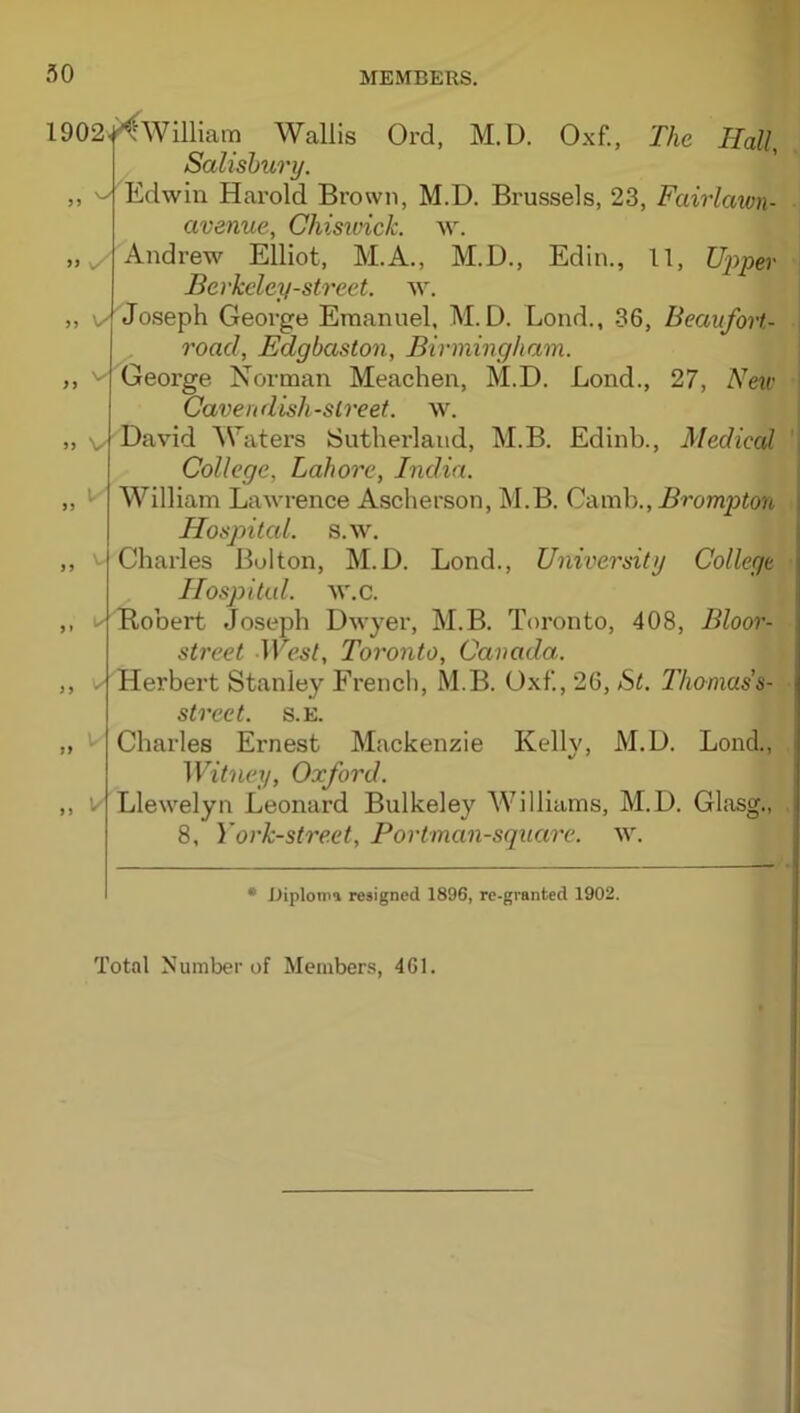 30 JJ 3J V 1902'^William Wallis Ord, M.D. Oxf., The Hall, Salisbury. Edwin Harold Brown, M.D. Brussels, 23, Fairlawn- avenue, Chiswick, w. Andrew Elliot, M.A., M.D., Edin., IT, Ui^per Berkeley-street, w. ,, Joseph George Emanuel, M.D. Loud., 36, Beaufort- road, Edgbaston, Birmingham. George Norman Meachen, M.D. Lond., 27, Neu' Cavendish-street, w. David Abaters Sutherland, M.B. Edinb., Medical College, Lahore, India. William Lawrence Ascherson, M.B. Q-Amh., Bromiiton Hospited. s.w. Charles Bolton, M.D. Lond., University College Hospital, w.c. Kobert Joseph Dwyer, M.B. Toronto, 408, Bloor- street -lEcs/, Toronto, Canada. Herbert Stanley French, M.B. 0x1’., 26, St. Thomass- street. s.E. Charles Ernest Mackenzie Kelly, M.D. Lond., Witney, Oxford. Llewelyn Leonard Bulkeley Williams, M.D. Glasg., 8, York-street, Portman-square. w. • niplomi resigned 1896, re-granted 1902. Total Number of Members, 461.