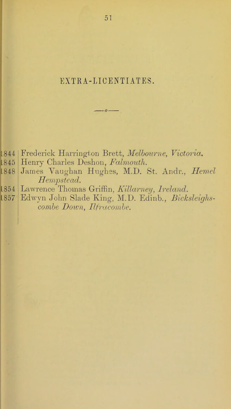 EXTRA-LICENTIATES. l| l| |1844 (1845 (1848 b54 11857 Frederick Harringion Brett, Melbourne, Victoria. Henry Charles Ueshon, Falmouth. James A'anghan Hughes, M.D. St. Andr., Hemel Flem'p&tcad. Lawrence Thomas Griffin, Killarney, Ireland. Eclwyn John Slade King, M.D. Edinb., Bicksleighs- combe Down, Ilfracombe.
