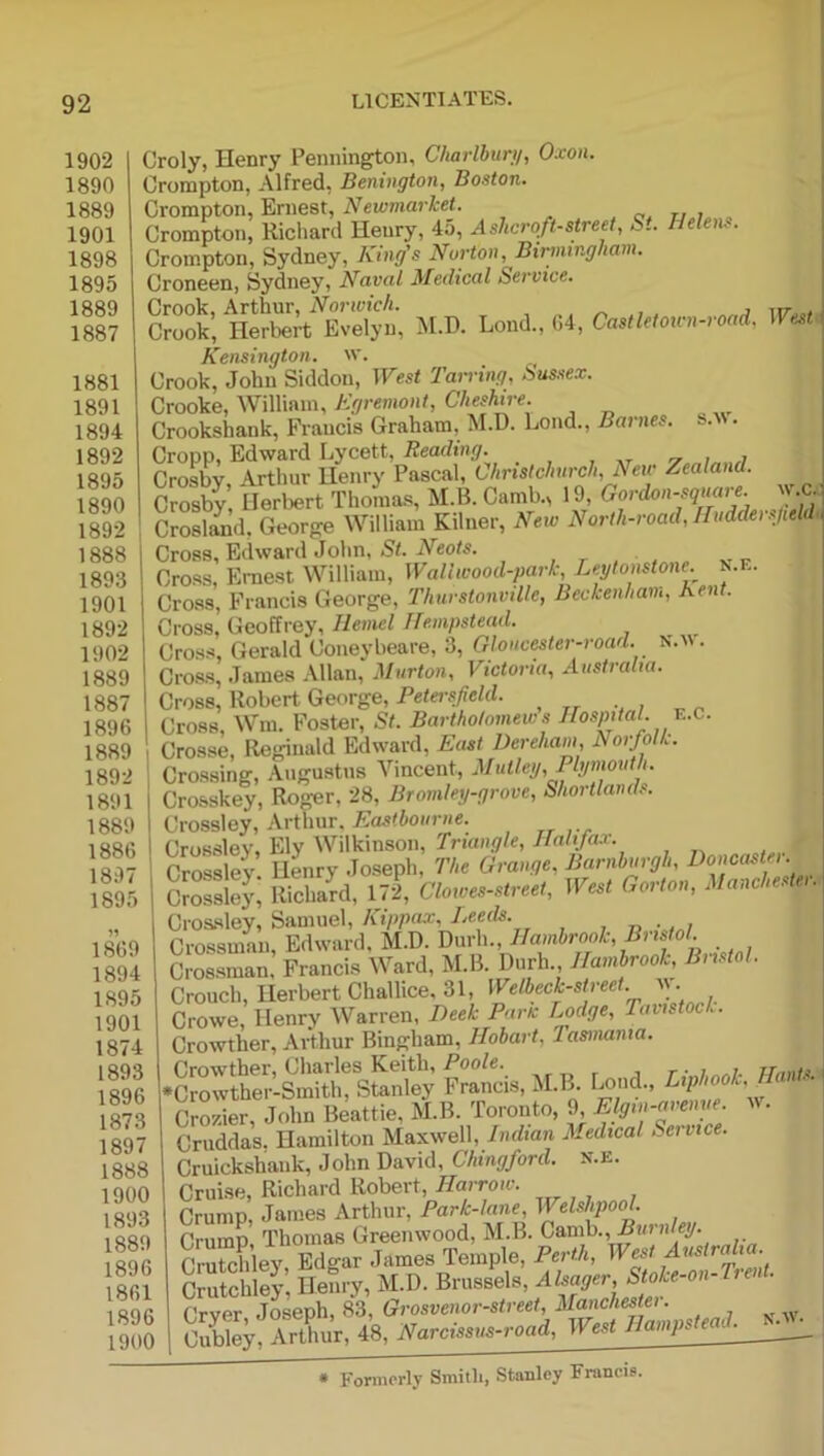 1902 Croly, Henry Pennington, Charlburii, Oxon. 1890 Crompton, Alfred, Benington, Boston. 1889 Crompton, Ernest, Newmarket. 1901 Crompton, Richard Henry, 45, Ashcroft-street, S.. Helen.. 1898 Crompton, Sydney, King's Norton, Birmingham. 1895 Croneen, Sydney, Naval Medical Service. 1889 Crook, Arthur, jVoriftcA. , r, .i, , 1887 Crook, Herbert Evelyn, M.D. Lond., 04, Castletown-rood. West, Kensington, 'v. 1881 Crook, John Siddon, TFest 'Tarring. Sussex. 1891 Crooke, William, Ay/remo«^ 1894 Crookshank, Francis Graham, M.D. Lond., Barnes, • 1892 Cropp, Edward Lycett, Reading. 1895 Crosby, Arthur Henry Pascal, Christchurch, New Zealand. 1890 Crosby, Herbert Thomas, M.B. Camb.> 19, Gordon-square. n .c. 1892 Crosland, George William Kilner, New North-road, IfudderCield, 1888 Cross, Edward John, iVeots. , . , vp 1893 Cross, Ernest William, allwood-park, Leytoiutone. . .. 1901 Cross, Francis George, 'Thurstonville, Beckenham, Ken . 1892 Gross, GcoUvey, Hemel Hempstead. 1902 Cross, Gerald Coneybeare, 3, Gloucester-road. • 1889 Cross, James Allan, Murton, Victoria, Australia. 1887 Cross, Robert George, Petersfeld. 1896 Cross, Wm. Foster, St. Bartholomews Ikospital. t..c. 1889 Crosse, Reginald Edward, East Dereham, NorfolL. 1892 Crossing, .\ugustns Vincent, Mulleg, Plymout i. 1891 Crosskey, Roger, 28, Bromley-grove, Shortlands. 1889 Crossley, Arthur. Eastbourne. 1880 Crosslev, Ely Wilkinson, Tn«H(7/e,//«/»/«•’■• 1807 Crossley Henry Joseph, The Grange, Barnburgh, Doncastn. „ Crossley, Samuel, kippax, Leeds. 1809 Crossman, Edward, M.D. Durh., Ilambrook, Bristol. 1894 Crossman. Francis Ward, M.B. Durh., Ilambrook, Bristol. 1895 Crouch, Herbert Challice, 31, 1901 Crowe, Henry Warren. Peek Pane Lodge, Taiistoc/.. 1874 Crowther, Arthur Bingham, Hobart, lasmania. 1*896 u..d„ //«.»■ 873 Crozier, John Beattie, M.B. Toronto, 9, Elgin-arenue. . 1897 Cniddas. Hamilton Maxwell, Indian Medical Service. 1888 Cruickshank, John David, Chingford. x.E. 1900 Cruise, Richard Robert, Harrow. 1893 Crump, James Arthur, Park-lane, Welshpool. i88<) Crump Thomas Greenwood, M.B. Camb., iJani/ey. illc, C^chley ^ Jaimes Temple, Perth, West Australia 1 8o5 C™tcK’, Ue?>-y, M.D. Brussels, Alsager Stoke-on-Trent. 1890 Crver Joseph, 83, Grosaenor-streef, il/anc/iestei. loflO Sey, Su'r, 48, Narci^m-road, Wet • Formerly Smith. Stanley Francis.