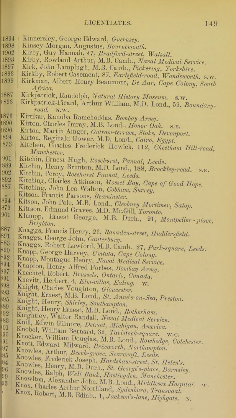 1894 Kinnersley, George Edward, Guernsey. 1898 Kinsey-Morgan, Augustus, Bovriiemouth. 1902 Kirby, Guy Haunali. 47, Bvadford-street, Walsall. 1893 Kirby, Rowland Arthur, M.B,‘ Oamb., Naval Medical Service. 1897 Kirk, John Lamplugh, M.B. Camb., Pickering, Yorkshire. 1893 Kirkby, Robert Casement, 87, j;ar/s/e/rf-7-oad, Wandsivorth. &.\v. 1899 Kirkman, Albert Plenry Beaumont, De Aar, Cape Colonv, South Africa. 1887 Kirk]Datrick, Randolph, Natural Histori/ Museum, s w 1893 Kirkpatrick-Picard, Arthur William, M.D. Loud., 59, Boundary- road. K.W. 876 890 890 1894 873 901 889 902 892 887 894 879 901 887 391 883 390 892 894 897 891 898 !93 !95 i89 92 ! ^83 01 Oh I 91 ' 97 85 84 96 )9 Kiitikar, Kauoba Ramchoddas, Bombay Aituy. Kirton, Charles Imray, M.B. Loud., Ilonor Oak. s.e. Kirton, Martin Ainger, Outram-terrace, Stoke, Devonport. Kirton, Reginald Gower. M.D. Lond., Cairo, Egypt Kitchen, Charles Erederick Hewick, 112, Cheetham Uill-road, I Manc/iesier. ' Kitchin, Ernest Hugh, Rosehurst, Paiinal, Leeds. I Kitchm, Henry Brunton, M.D. Lond., 188, Brockley-road. s e. Kitchiii, Percy, Rosehurst Pannal, Leeds. Kitclung, Charles Atkinson, Mossel Bay, Cape of Good Hope. , Kitclung, John Lea Walton, Cobham, Surrey. I Kitson, Francis Parsons, Beaminster. Kitson, John Pole M.B. Lond., Cleobimj Mortimer, Salop. Kittson, Edmund Graves, M.D. Mc.Gill, Toronto. Klumpp Ernest George, M.B. Durh., 21, Montpelier-place. I J^rignion, ^ Knaggs, Fi-ancis Henry, 26, Ramsden-street, Huddersfield. Knagg's, George John, Canterbury. Leeds. Knapp, George Harvey, Umtata, Cape Colony. Knapp, Moutague Henry, Naval Medical Service. Kuapton Henry Alfred Forbes, Bombay Army. Knechtel, Robert, Brussels, Ontario, Canada. Knevitt, Herbert, 4, Elm-villas, Ealing, av. Knight, Charles Voughton, Gloucester. Knifhi’ Preston. V ’ Shirley, Southampton. KmviJl ®'-«est, M.D. Loud., Rotherham. SoLf America. Kiin^'l ’ AAr-i'r™ Bernard, 32, 'Javintock-square. w.c. K Ott f;/ Powhedge, Colchester Knowle IrL Pri„th, Northampton. Knowlpl’ Scarcroft, Leeds. Knowles’ Hardshaw-street, St. Helen's. KnowleJ Rnb'7’ uv ?/ ,7”’ Barnsley. Kiiowlton /U Hasiingden, Manchester. Kn7 ^^li^dlesex Hospital. Knox’ Robe I m Transvaal. nox, Itobeit, M.B. Edinb., I, Jackson's-lane, Highgate. x w.