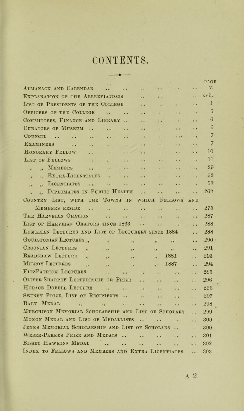 CONTENTS. PAGE Almanack and Calendar .. V. Explanation of the Abbreviations xvii. List of Presidents of the College ... 1 Officers of the College 5 Committees, Finance and Library .. .. 6 Curators of Museum .. . • 6 Council .. ... • s rr / Examiners ■. 7 Honorary Fellow .. 10 List of Fellows .. 11 „ „ Members 29 ,, Extra-Licentiates .. .. .. 52 ,, „ Licentiates • • • • 53 „ ,, Diplomates in Public Health • • • • 262 Country List, with the Towns in which Fellows AND Members reside . . . • 275 The Harveian Oration • • . • 287 List of Harveian Orators since 1863 288 Lumleian Lectures and List of Lecturers since 1884 288 G-oulstonian Lectures „ ,, ,, 33 33 290 Croonian Lectures „ ,, ., 3 3 3 3 291 Bradshaw Lecturk ,, ,, ,, „ 1881 293 Milroy Lectures „ ,, ,, „ 1887 294 FitzPatrick Lectures . • • • • • 295 Oliver-Sharpey Lectureship or Prize • • • • • • 296 Horace Dobell Lecture . • ■ • • • 296 Swiney Prize, List of Recipients .. • • • • • • • - 297 Baly Medal „ „ • • • • • • 298 Murchison Memorial Scholarship and List of Scholars 299 Moxon Medal and List of Medallists • • • • • • 300 Jenks Memorial Scholarship and List of Scholars .. 300 Weber-Parkes Prize and Medals .. • • • • • • 301 Bisset Hawkins Medal .. • • • • • i> 302 Index to Fellows and Members and Extra Licentiates • • 303 A 9