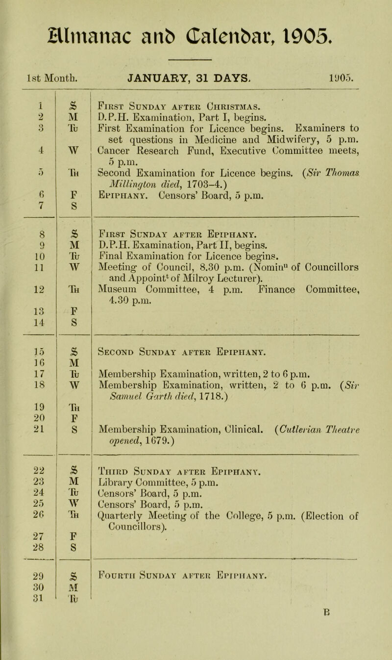 Hlntanac anb Calendar, t005. 1st Month. JANUARY, 31 DAYS. 11)05. i s> First Sunday after Christmas. 2 M D.P.H. Examination, Part I, begins. Q 6 Tu First Examination for Licence begins. Examiners to set questions in Medicine and Midwifery, 5 p.m. 4 W Cancer Research Fund, Executive Committee meets, 5 p.m. 5 Th Second Examination for Licence begins. (Sir Thomas Millington died, 1703-4.) 6 F Efipiiany. Censors’ Board, 5 p.m. 7 S 8 & First Sunday after Epiphany. 9 M D.P.H. Examination, Part II, begins. 10 Tu Final Examination for Licence begins. 11 W Meeting of Council, 8.30 p.m. (Nominu of Councillors and Appoint* of Milroy Lecturer). 12 Th Museum Committee, 4 p.m. Finance Committee, 4.30 p.m. 13 F 14 S i i 15 s> Second Sunday after Epiphany. 16 M 17 Tu Membership Examination, written, 2 to 6 p.m. 18 W Membership Examination, written, 2 to 6 p.m. (Sir Samuel Garth died, 1718.) 19 Th 20 F 21 S Membership Examination, Clinical. (Cutlerian Theatre opened, 1679.) 22 £ Third Sunday after Epiphany. 23 M Library Committee, 5 p.m. Censors’ Board, 5 p.m. 24 Tu 25 W Censors’ Board, 5 p.m. 26 27 Th Quarterly Meeting of the College, 5 p.m. (Election of Councillors). F 28 S 29 s> Fourth Sunday after Epiphany. 30 r»/r ifA 31 Tu B