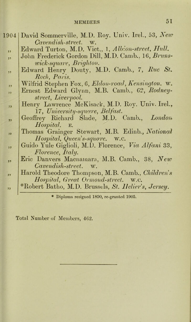 1904 55 55 55 5 5 55 55 55 55 55 55 55 David Sommerville, M.D. Boy. Univ. Irel., 53, i\ ew Cavendish-street, w. Edward Turton, M.D. Viet,, 1, Albion-street, Hull, John Frederick Gordon Dill, M.D. Camb.. 16, Bruns- wick-square, Brighton. Edward Henry Douty, M.D. Camb., 7, Rue St, Roch, Paris. Wilfrid Stephen Fox, 6, Eldon-road, Kensington, w. Ernest Edward Glynn, M.B. Camb., G?, Rodney- street, Liverpool. Henry Lawrence McKisack, M.D. Boy. Univ, Irel., 17, University-square, Belfast. Geoffrey Bichard Slade, M.D. Camb., London Hospital, e. Thomas Grainger Stewart, M.B. Edinb., National Hospital, Queen s-squore. w.c. Guido Yule Giglioli, M.D. Florence, Via Alfani 33, Florence, Italy. Eric Danvers Macnamara, M.B. Camb., 38, New Cavendish-street, w. Harold Theodore Thompson, M.B. Camb., Childrens Hospital, Creat Ormond-street. w.c. #Bobert Batho, M.D. Brussels, St. llelieFs, Jersey. # Diploma resigned 1890, re-granted 1905. Total Number of Members, 4G2.