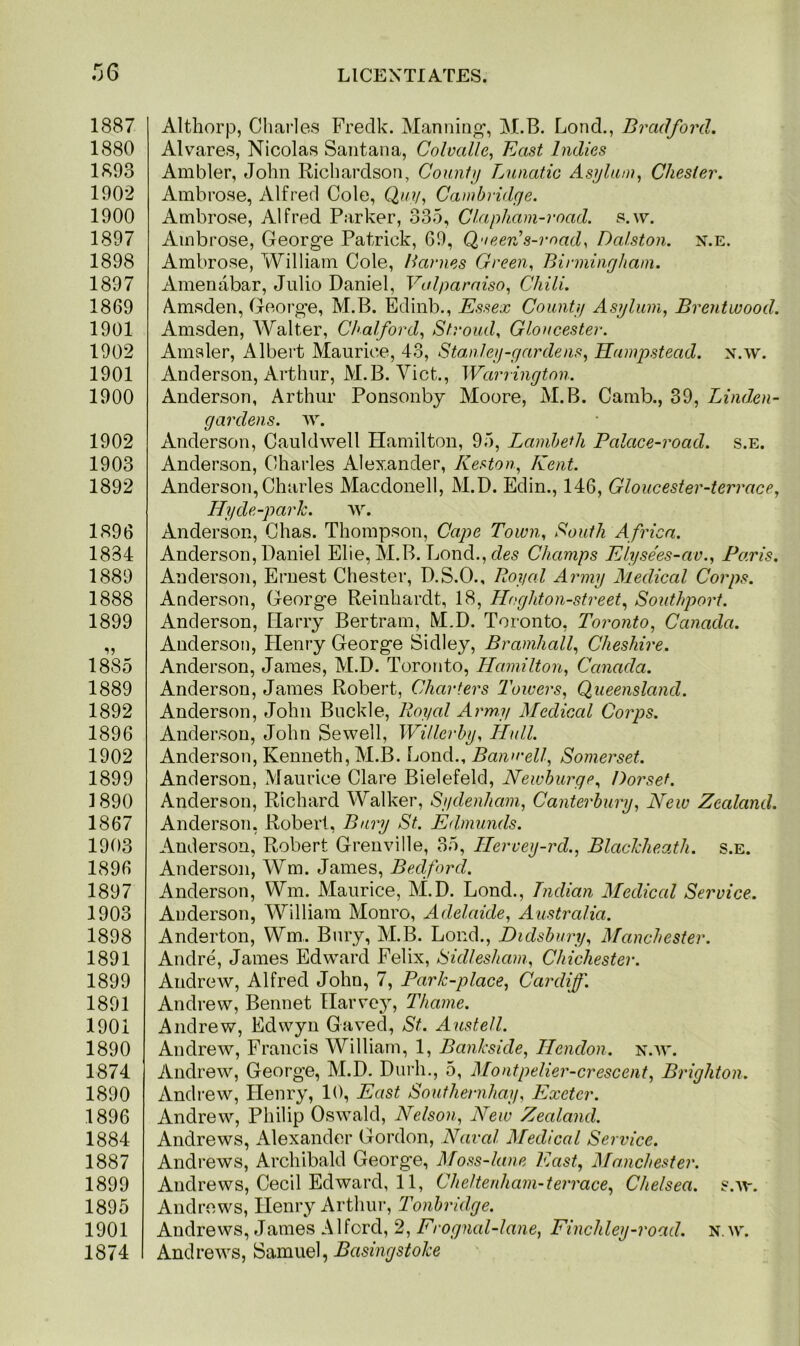 36 1887 1880 1893 1902 1900 1897 1898 1897 1869 1901 1902 1901 1900 1902 1903 1892 1896 1834 1889 1888 1899 1885 1889 1892 1896 1902 1899 1 890 1867 1903 1896 1897 1903 1898 1891 1899 1891 1901 1890 1874 1890 1896 1884 1887 1899 1895 1901 1874 LICENTIATES. Althorp, Charles Fredk. Manning, M.B. Lond., Bradford. Alvares, Nicolas Santana, Colvalle, East Indies Ambler, John Richardson, County Lunatic Asylum, Chester. Ambrose, Alfred Cole, Quy, Cambridge. Ambrose, Alfred Parker, 335, Clapham-road. s.w. Ambrose, George Patrick, 69, Queen’s-mad, Dalston. n.e. Ambrose, William Cole, Barnes Green, Birmingham. Amenabar, Julio Daniel, Valparaiso, Chili. Amsden, George, M.B. Edinb., Essex County Asylum, Brentwood. Amsden, Walter, Chalf or d, Stroud, Gloucester. Amsler, Albert Maurice, 43, Stan ley-gardens, Hampstead, n.w. Anderson, Arthur, M.B. Viet., Warrington. Anderson, Arthur Ponsonby Moore, M.B. Camb., 39, Linden- gardens. w. Anderson, Cauldwell Hamilton, 95, Lambeth Palace-road. s.e. Anderson, Charles Alexander, Keston, Kent. Anderson,Charles Macdonell, M.D. Edin., 146, Gloucester-terrace, Hyde-park. w. Anderson, Chas. Thompson, Cape Town, South Africa. Anderson, Daniel Elie, M.B. Bond., des Champs Elysees-av., Paris. Anderson, Ernest Chester, D.S.O., Royal Army Medical Corps. Anderson, George Reinhardt, 18, Hoghton-street, Southport. Anderson, Harry Bertram, M.D. Toronto, Toronto, Canada. Anderson, Plenry George Sidley, Bramhall, Cheshire. Anderson, James, M.D. Toronto, Hamilton, Canada. Anderson, James Robert, Charters Towers, Queensland. Anderson, John Buckle, Royal Army Medical Corps. Anderson, John Sewell, Wilier by, Hull. Anderson, Kenneth, M.B. Loud., Banwell, Somerset. Anderson, Maurice Clare Bielefeld, Newburye, Dorset. Anderson, Richard Walker, Sydenham, Canterbury, New Zealand. Anderson, Robert, Bury St. Edmunds. Anderson, Robert Grenville, 35, Hervey-rd., BlacTcheath. s.e. Anderson, Wm. James, Bedford. Anderson, Wm. Maurice, M.D. Lond., Indian Medical Service. Anderson, William Monro, Adelaide, Australia. Anderton, Wm. Bury, M.B. Lond., Didsbury, Manchester. Andre, James Edward Felix, Sidlesham, Chichester. Andrew, Alfred John, 7, Park-place, Cardiff. Andrew, Bennet Harvey, Thame. Andrew, Edwyn Gaved, St. Austell. Andrew, Francis William, 1, Bankside, Hendon, n.w. Andrew, George, M.D. Durh., 5, Montpelier-crescent, Brighton. Andrew, Henry, 10, East Southernhay, Exeter. Andrew, Philip Oswald, Nelson, New Zealand. Andrews, Alexander Gordon, Naval Medical Service. Andrews, Archibald George, Moss-lane East, Manchester. Andrews, Cecil Edward, 11, Cheltenham-terrace, Chelsea, s.w. Andrews, Henry Arthur, Tonbridge. Andrews, James Alford, 2, Frognal-lane, Finchley-road. n.w. Andrews, Samuel, Basingstoke