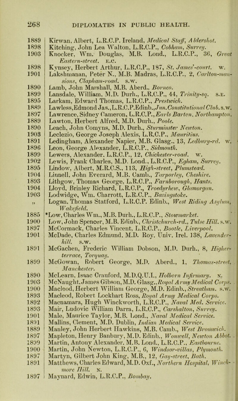 1889 1898 1903 1898 1901 1890 1899 1895 1889 1897 1889 1890 1903 1891 1896 1899 1902 1895 1904 1893 1904 1903 1885 1900 1897 1901 1891 1899 1890 1903 1900 1893 1892 1893 1901 1891 1889 1897 1899 1900 1897 1891 Kirwan, Albert, L.R.C.P. Ireland, Medical Staff, Aldershot. Kitching, John Lea Walton, L.R.C.P., Cohham, Surrey. Knocker, AVm. Douglas, M.B. Lond., L.R.C.P., 3G, Great Eastern-street, e.u. Kvnsey, Herbert Arthur, L.R.C.P., 187, St. James-court, w. Lakshmanan, Peter N., M.B. Madras, L.R.C.P., 2, Carlton-man- sions, Clapham-road. s.w. Lamb, John Marshall, M.B. Aberd.. Borneo. Lansdale, William, M.D. Durh., L.R.C.P., 44, Ti 'inity-sq. s.e. Larkam, Edward Thomas, L.R.C.P., Prestwick. Lawless,Edmond Jas.,L.R.C.P.Edinb.,./?m.(70?is^7i/£wttrt/C7w6.s.w. Lawrence, Sidney Cameron, L.R.C.P.,Earls Barton. Northampton. Lawton, Herbert Alfred, M.D. Durh., Poole. Leach, John Comyns, M.D. Durh., Sturminster Newton. Leclezio, George Joseph Alexis, L.R.C.P., Mauritius. Ledingham, Alexander Napier, M.B. Glasg., 13, Ledbury-rd. w. Leon, George Alexander, L.R.C.P., Sidmouth. Lewers, Alexander. L.R.C.P., 12, Chichester-road. w. Lewis, Frank Charles, M.D. Loud., L.R.C.P., Egliam, Surrey. Lindow, Albert, M.R.C.S., 113, High-street, Plumstead. Linnell, John Everard, M.B. Camb., Tarporley, Cheshire. Lithgow, Thomas George, L.R.C.P., Farnborough, Hants. Lloyd, Brinley Richard, L.R.C.P., Troedyrhew, Glamorgan. Lodwidge, Wm. Charrott, L.R.C.P., Basingstoke. Logan, Thomas Statford, L.R.C.P. Edinb., West Biding Asylum, Wakefield. *Low, Charles Wm., M.B. Durh., L.R.C.P., Stowmarket. Low, John Spencer, M.B. Edinb., Christchurcli-rd., Tulse Hill. s.w. McCormack, Charles Vincent, L.R.C.P., Bootle, Liverpool. McDade, Charles Edmund, M.D. Roy. Univ. Irel. 138, Lavender- hill. s.w. McGachen, Frederic William Dobson, M.D. Durh., 8, Higher- terrace, Torquay. McGowan, Robert George, M.D. Aberd., 1, Thomas-street, Manchester. McLearn, Isaac Crauford, M.D.Q.U.I., Holborn Infirmary, x. McNaught, James Gibson,M.D. Glasg., Royal Army Medical Corps. Macleod, Herbert William George, M.D. Edinb., Streatham. s.w. Macleod, Robert Lockhart Ross, Royal Army Medical Corps. Macnamara, Hugh Winckworth, L.R.C.P., Naval Med. Service. Mair, Ludovic William Darra, L.R.C.P., Carshalton, Surrey. Male, Maurice Taylor, M.B. Lond., Naval Medical Service. Mallins, Clement, M.D. Dublin, Indian Medical Service. Manley, John Herbert Hawkins, M.B. Camb., West Bromwich. Mapleton, Henry Banbury, M.D. Edinb., Wonwcll, Newton. Abbot. Martin, Antony Alexander. M.B. Lond., L.R.C.P., Eastbourne. Martin, John Newton, L.R.C.P., 6, Windsor-villas, Plymouth. Martyn, Gilbert John King, M.B., 12, Gay-street, Bath. Matthews, Charles Edward, M.D. Oxf., Northern Hospital, Winch- more Hill. N. Maynard, Edwin, L.R.C.P., Bombay. 1897