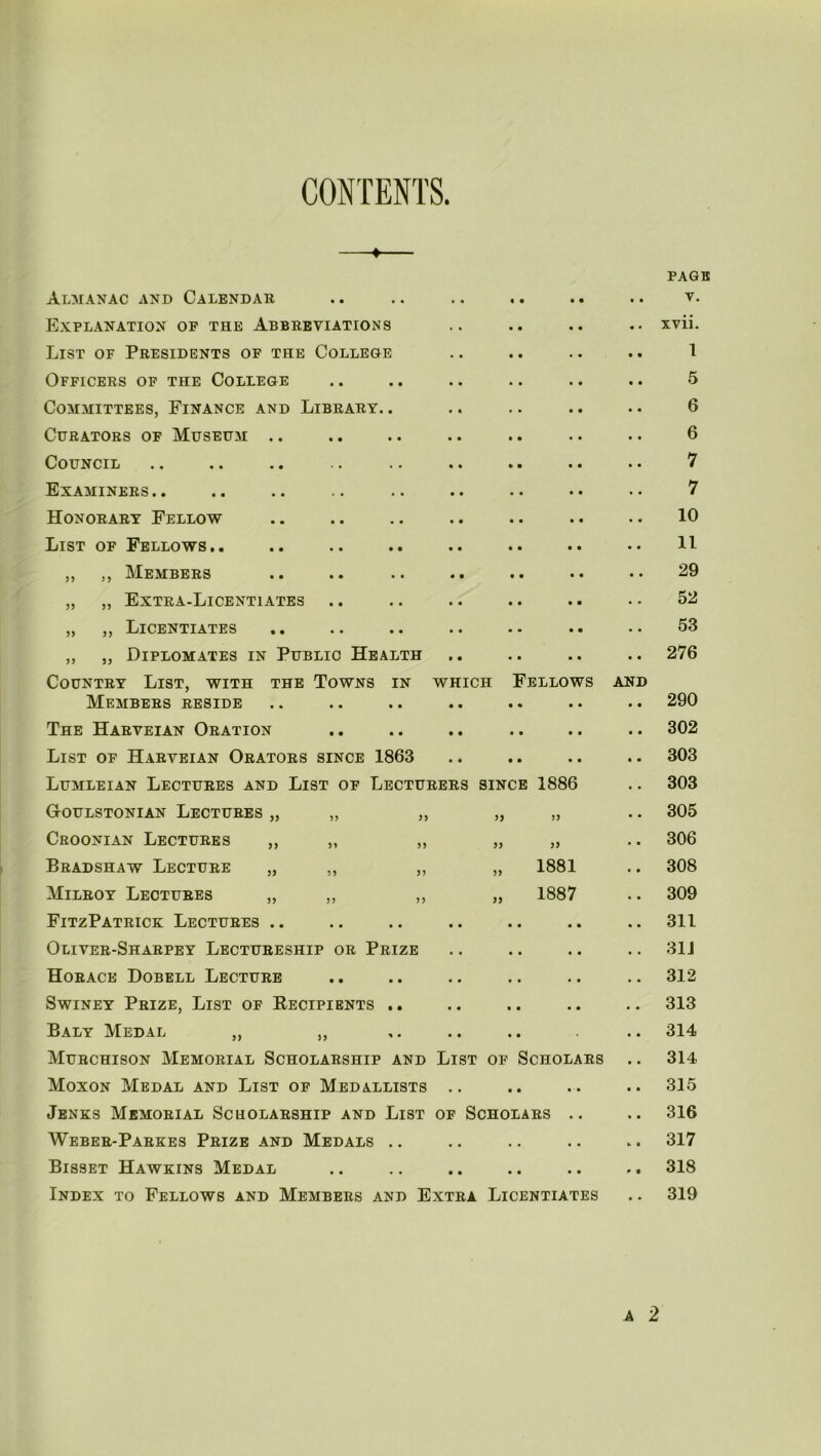 CONTENTS. PAGE Almanac and Calendar • • V. Explanation of the Abbreviations xvii. List of Presidents of the College 1 Officers of the College 5 Committees, Finance and Library.. 6 Curators of Museum .. 6 Council 7 Examiners.. 7 Honorary Fellow 10 List of Fellows.. 11 ,, ,, Members 29 „ „ Extra-Licentiates 52 „ ,, Licentiates 53 ,, ,, Diplomates in Public Health 276 Country List, with the Towns in which Fellows AND Members reside 290 The Harveian Oration 302 List of Harveian Orators since 1863 303 Lumleian Lectures and List of Lecturers SINCE 1886 303 Goulstonian Lectures „ „ „ >> 305 Croonian Lectures „ ,, ,, >> >> 306 Bradshaw Lecture „ ,, ,, >> 1881 308 Milroy Lectures „ „ ,, >5 1887 309 FitzPatrick Lectures .. • • • • • • 311 Oliver-Sharpey Lectureship or Prize • • • • • • 31J Horace Dobell Lecture • • • • • • 312 Swiney Prize, List of Recipients .. • • • • • • 313 Baly Medal „ ,, • • • • 314 Murchison Memorial Scholarship and List of Scholars 314 Moxon Medal and List of Medallists . • • • • • 315 Jenks Memorial Scholarship and List of Scholars .. 316 Weber-Parkes Prize and Medals .. • • • • • . 317 Bisset Hawkins Medal • • • • • • 318 Index to Fellows and Members and Extra Licentiates 319