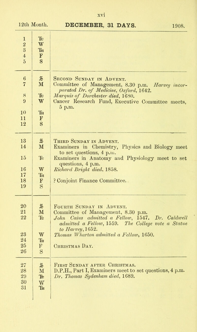 12th Mouth. DECEMBER, 31 DAYS. 1908. 1 2 3 4 5 Tu W Th F S 6 & Second Sunday in Advent. 7 M Committee of Management, 8.30 p.m. Harvey incor- porated Dr. of Medicine, Oxford, 1642. 8 Tu Marquis of Dorchester died, 1680. Cancer Research Fund, Executive Committee meets, 5 p.m. 9 W 10 Th 11 F 12 S 13 8> Third Sunday in Advent. 14 M Examiners in Chemistry, Physics and Biology meet to set questions, 4 p.m. 15 Tu Examiners in Anatomy and Physiology meet to set questions, 4 p.m. 16 W Richard Bright died, 1858. 17 Th 18 F ? Conjoint Finance Committee. 19 S 20 & Fourth Sunday in Advent. 21 M Committee of Management, 8.30 p.m. 22 Tu John Caius admitted a Fellow, 1547. Dr. Caldwell admitted a Fellow, 1559. The College vote a Statue to Harvey, 1652. 23 W Thomas Wharton admitted a Fellow, 1650. 24 Th 25 F Christmas Day. 26 S 27 S> First Sunday after Christmas. 28 M D.P.H., Part I, Examiners meet to set questions, 4 p.m. 29 lb Dr. Thomas Sydenham died, 1689. 30 W 31 Th