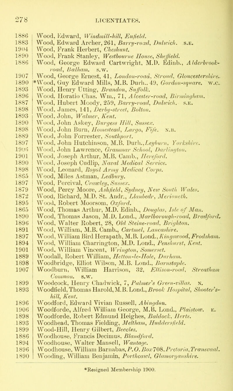 1886 1883 1904 1890 1886 1907 1890 1893 1896 1887 1898 1893 1890 1898 1889 1897 1906 1901 1890 1898 1865 1897 1879 1872 1895 1865 1890 1896 1891 1897 1894 1901 1889 1898 1907 1899 1893 1896 1906 1898 1893 1899 1886 1894 1896 1890 Wood, Edward, Windmill-hill, Enfield. Wood, Edward Archer, 261, Barry-road, Dulwich, s.e. Wood, Frank Herbert, Cheshunt. Wood, Frank Stanley, Westbourne House, Sheffield. Wood, George Edward Cartwright, M.D. Edinb., Alderbrook- road, Balham. s.w. Wood, George Ernest, 41, London-road, Stroud, Gloucestershire.. *Wood, Guy Edward Mills, M.B. Durh..49, Gordon-square, w.cl Wood, Henry Utting, Brandon, Suffolk. Wood, Horatio Chas. Win., 71, Alcester-road, Birmingham. Wood, Hubert Moody, 259, Barry-road, Dulwich, s.e. Wood, James, 141, Derby-street, Bolton. Wood, John, Walmer, Kent. Wood, John Askey, Burgess Hill, Sussex. Wood, John Burn, Homestead, Largo, Fife. n.b. Wood, John Forrester, Southport. Wood, John Hutchinson, M.B. Durh.,Leyburn, Yorkshire. Wood, John Lawrence, Grammar School, Darlington. Wood, Joseph Arthur, M.B. Camb., Hereford. Wood, Joseph Cudlip, Naval Medical Service. Wood, Leonard, Royal Army Medical Corps. Wood, Miles Astman, Ledbury. Wood, Percival, Crawley, Sussex. Wood, Percy Moore, Ashfield, Sydney, New South Wales. Wood, Richard, M.D. St. Andr., Llanbedr, Merioneth. Wood, Robert Moorsom, Oxford. Wood, Thomas Arthur, M.D. Edinb., Douglas, Isle of Man. Wood, Thomas Jason, M.D. Lond., Marlborough-road, Bradfordr Wood, Walter Robert, 28, Old Steine-road, Brighton. Wood, William, M.B. Camb., Cartmel, Lancashire. Wood, William Bird Herapath, M.B. Loud., Kingswood, Frodsham. Wood, William Charrington, M.D. Lond., Penshurst, Kent. Wood, William Vincent, Wrington, Somerset. Woodall, Robert William, Hetton-le-Hole, Durham. Woodbridge, Elliot Wilson, M.B. Lond., Barnstaple. Woodburn, William Harrison, 32, Ellison-road, Streatliam Common, s.w. Woodcock, Henry Chadwick, 7, Palmer s Green-villas, n. i Woodfield, Thomas Harold, M.B. Lond., Brook Hospital, Shooter s- hill, Kent. Woodford, Edward Vivian Russell, Abingdon. Woodforde, Alfred William George, M.B. Lond., Plaistow. e. Woodforde, Robert Edmund Lleighes, Baldock, Herts. Woodhead, Thomas Fielding, Meltham, Huddersfield. Wood-Hill, Henry Gilbert, Beccles. Woodhouse, Francis Decimus. Blandford. Woodhouse, Walter Mansell, Wantage. Woodhouse, AVilliam Barnabas, P.O.Box7Q8.Pretoria, Transvaal. Wooding, William Benjamin, Porthcaivl, Glamorganshire. ^Resigned Membership 1900.