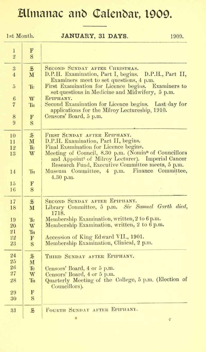 Hlinanac aiib Calenbar, 1909. 1st Month. JANUARY, 31 DAYS. 1909. 1 2 F S 3 Second Sunday after (Tiristmas. 4 M D.P.H. Examination, Part I, beg-ins. D.P.H., Part II, Examiners meet to set questions, 4 p.m. 5 Tu First Examination for Licence begins. Examiners to set questions in Medicine and Midwifery, 5 p.m. 6 W Epiphany. 7 Th Second Examination for Licence begins. Last day for applications for the Milroy Lectureship, 1910. 8 F Censors’ Board, 5 p.m. 9 S 10 s First Sunday after Epiphany. 11 M D.P.H. Examination, Part II, begins. 12 Tu Final Examination for Licence begins. 13 W Meeting of Council, 8.30 p.m. (Nomin« of Councillors and AppoinP of Milroy Lecturer). Imperial Cancer Research Fund, Executive Committee meets, 5 p.m. 14 Th Museum Committee, 4 p.m. Finance Committee, 15 F 4.30 p.m. 16 S 17 Second Sunday after Epiphany. 18 M Library Committee, 5 p.m. Sir Samuel Garth died, 1718. 19 Tu Membership Examination, written, 2 to 6 p.m. 20 W Membership Examination, written, 2 to 6 p.m. 21 Th 22 F Accession of King Edward VIL, 1901. 23 S Membership Examination, Clinical, 2 p.m. 24 Third Sunday after Epiphany. 25 M 26 Tu Censors’ Board, 4 or 5 p.m. 27 W Censors’ Board, 4 or 5 p.m. 28 Th Quarterly Meeting of the College, 5 p.m, (Election of Councillors). 29 F 30 s ■ 31 Fouhth Sunday after Epiphany.
