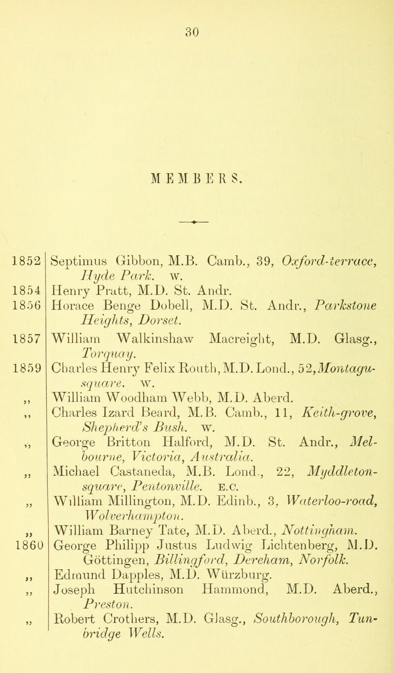 M E M E E R S. 1852 1854 1856 1857 1859 9 9 I860 Septimus (iribbon, M.B. Camb., 39, Oxford-terrace, Hyde Park. w. Henry Pratt, M.D. St. Andr. Horace Benge Dobell, M.D. St. Andr., Parkstone Heights, Dorset. William Walkinshaw Macreiglit, M.D. Glasg., Torquay. Charles Henry Felix Boutb,M.D. Loud., Montagu- square, w. William Woodham Webb, M.D. Aberd. Charles Izard Beard, M.B. Camb., 11, Keith-grove, Shejyherd’s Bush. w. George Britton Halford, M.D. St. Andr., Mel- bourne, Victoria, Australia. Michael Castaneda, M.B. Bond,, 22, Myddleton- square, Pentonville. E.c. William Millington, M.D. Edinb., 3, Waterloo-7'oad, Wolvei 'hamp ton. William Barney Tate, M.D. Aberd., Nottingham. George Philipp Justus Ludwig Lichtenberg, M.D. Gottingen, Billingford, Dereham, Norfolk. Edmund Dapples, M.D. Wurzburg. Joseph Hutchinson Hammond, M.D. Aberd., Preston. Robert Crothers, M.D. Glasg., Southhorough, Tun- bridge Wells.
