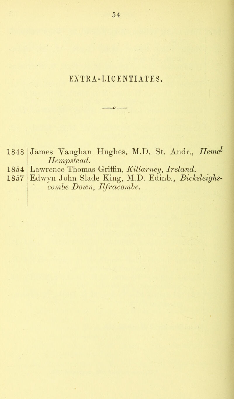 EXTRA-LICENTIATES. 1848 1854 1857 James Yaughan Hughes, M.D. St. Andr., Heme^ Hempstead. Lawrence Thomas Griffin, Killarney, Ireland. Edwyn John Slade King, XI. D. Edinb., Bicksleighs- combe Down, Ilfracombe.