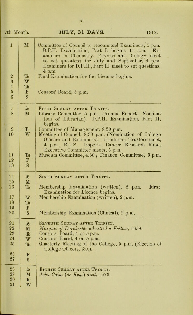 JULY, 31 DAYS. 1912. M Tu W Th F S s M Committee of Council to recommend Examiners, 5 p.m. D.P.H. Examination, Part I, begins 11 a.m. Ex- aminers in Chemistry, Physics and Eiolog’y meet to set questions for July and September, 4 p.m. Examiners for D.P.II., Part II, meet to set questions, 4 p.m. Final Examination for the Licence beg'ins. Censors’ Board, 5 p.m. Fifth Sunday after Trinity. Library Committee, 5 p.m. (Annual Report; Nomina- tion of Librarian). D.P.II. Examination, Part II, begins. Tu W Ik F S S M Tu W Th F S & M Tu W Th Committee of Management, 8.30 p.m. Meeting of Council, 8.30 p.m. (Nomination of College Officers and Examiners). Hunterian Trustees meet, 4 p.m., R.C.S. Imperial Cancer Research Fund, Executive Committee meets, 5 p.m. Museum Committee, 4.30 ; Finance Committee, 5 p.m. Sixth Sunday after Trinity. Membership Examination (written), 2 p.m. First Examination for Licence begins. Membership Examination (written), 2 p.m. Membership Examination (Clinical), 2 p.m. Seventh Sunday after Trinity. Marquis of Dorchester admitted a Fellow^ 1658. Censors’ Board, 4 or 5 p.m. Censors’ Board, 4 or 5 p.m. Quarterly Meeting of the College, 5 p.m. (Election of College Officers, &c.). F S % M Tu W Eighth Sunday after Trinity. John Caius {or Keys) died, 1573.