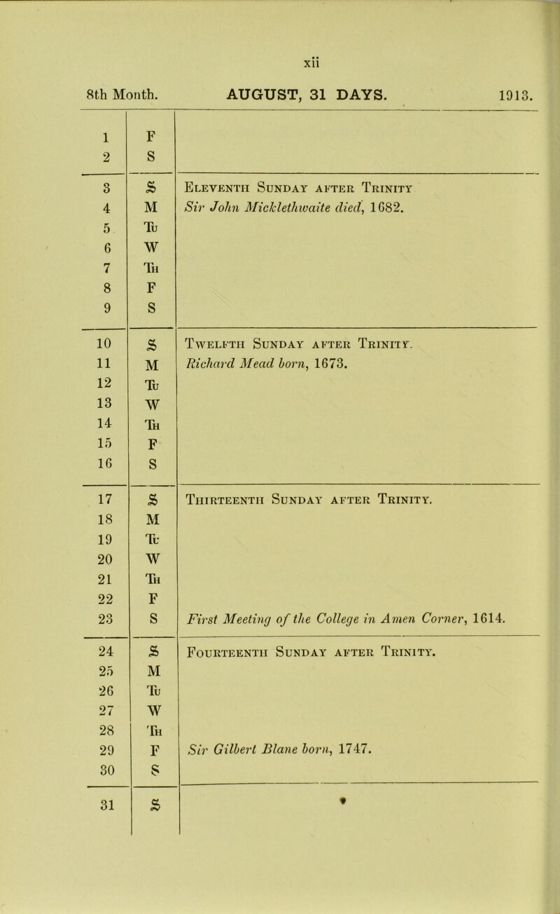 8th Month. • • XU AUGUST, 31 DAYS. 1913. 1 F 2 S 3 s Eleventh Sunday after Trinity 4 M Sh' John Micklethwaite died, 1682. 5 Tu 6 W 7 Th 8 F 9 S 10 S Twelfth Sunday after Trinity. 11 M Richard Mead horn, 1673. 12 Tu 13 W 14 Th 15 F 16 S 17 Thirteenth Sunday after Trinity. 18 M 19 Tu 20 W 21 Th 22 F 23 S First Meeting of the College in Amen Corner, 1614, 24 S) Fourteenth Sunday after Trinity. 25 M 26 Tu 27 W 28 Th 29 F Sir Gilbert Blane horn, 1747. 30 S 31 «