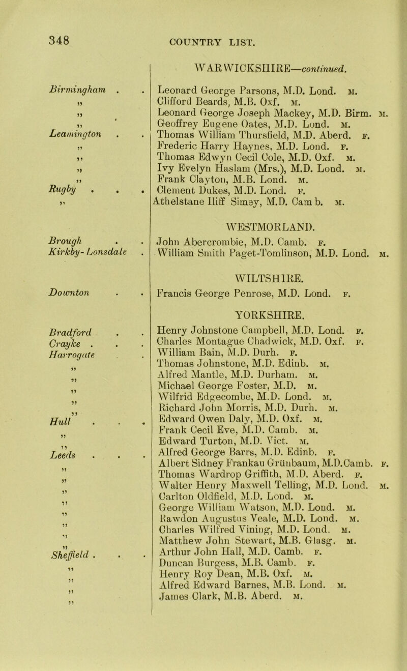 Birmingham . )) 5) I 5? Leamington 5» ?> >> Rugby , , 5’ W AR WICKSIlIRE—continued. . Leonard George Parsons, M.D. Lond. m. Clifford Beards, M.B. Oxf. m. Leonard (George Joseph Mackey, M.D. Birm. m. Geoffrey Eugene Oates, M.D. Lond. m. . Thomas William Thursfield, M.D. Aberd. f. Frederic Harry Haynes, M.D. Lond. f. Thomas Edw}^! Cecil Cole, M.D. Oxf. m. Ivy Evelyn Haslam (Mrs.), M.D. Lond. w. Frank Clayton, M.B. Lond. m. . Clement Dukes, M.D. Lond. f. Athelstane lliff Simey, M.D. Cainb. m. Brough Kirkhy- Lonsdale WESTMORLAND. • John Abercrombie, M.D. Camb. f. • William Smith Paget-Tomlinson, M.D. Lond. m. Downton Bradford Crayke . Harrogate Hull n n Leeds V V V 55 •5 Sheffield . ?? WILTSHIRE. • Francis Georg’e Penrose, M.D. Lond. f. YORKSHIRE. Henry Johnstone Campbell, M.D. Lond. f. Charles Montague Chadwick, M.D. Oxf. f. William Bain, M.D. Durh. f. Thomas Johnstone, M.D. Edinb. m. Alfi-ed Mantle, M.D. Durham, m. Michael George Foster, M.D. m. AYilfrid Edgecombe, M.D. Lond. m. Richard John Morris, M.D. Durh. m. Edward Owen Daly, M.D. Oxf. m. Frank Cecil Eve, M.D. Camb. m. Edward Turton, M.D. Viet. m. Alfred George Barrs, M.D. Edinb. f. Albert Sidney Frankau Griinbaum, M.D.Camb. f. Thomas Wardrop GriflSth, M.D. Aberd. f. Walter Henry Maxwell Telling, M.D. Lond. m. Carlton Oldfield, M.D. Lond. m. George William Watson, M.D. Lond. m. Pawdon Augustus Veale, M.D. Lond. m. Charles Wilfred Vining, M.D. Lond. m. Matthew John Stewart, M.B. Glasg. m. Arthur John Hall, M.D. Camb. f. Duncan Burgess, M.B. Camb. f. Henry Roy Dean, M.B. Oxf. m. Alfred Edward Barnes, M.B. Lond. m. James Clark, M.B. Aberd. m.