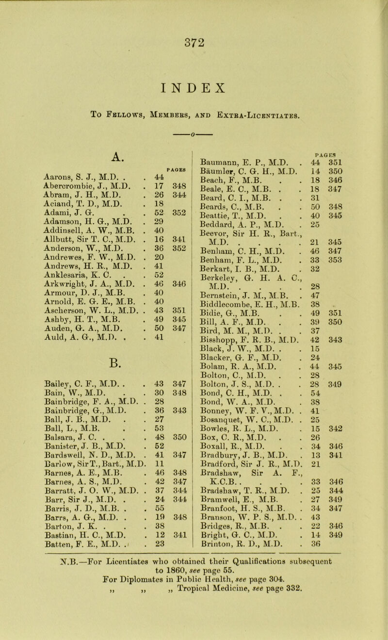 INDEX To Fellows, Membbhs, and Extea-Licentiates. A. Aarons, S. J., M.D. . , 44 PAGES Abercrombie, J., M.D. 17 348 Abram, J. H., M.D. , 26 344 Acland, T. D., M.D. 18 Adami, J. Gr. 52 353 Adamson, H. G-., M.D. 29 Addinsell, A. W., M.B. . 40 Allbutt, Sir T. C., M.D. . 16 341 Anderson, W., M.D. 36 352 Andrewes, F. W., M.D. . , 20 Andrews, H. K.., M.D. 41 Anklesaria, K. C. . 52 Arkwright, J. A., M.D. . 46 346 Armour, D. J., M.B. Arnold, E. G. E., M.B. . 40 , 40 Ascherson, W. L., M.D. . 43 351 Ashby, H. T., M.B. 49 345 Auden, G. A., M.D. , 50 347 Auld, A. G., M.D. . . 41 B. Bailey, C. F., M.D. . 43 347 Bain, W., M.D. 30 348 Bainbridge, F. A., M.D. . 28 Bainbi'idge, G., M.D. 36 343 Ball, J. B., M.D. 27 Ball, L., M.B. 53 Balsara, J. C. . 48 350 Banister, J. B., M.D. 52 Bardswell, N. D., M.D. . 41 347 Barlow, SirT., Bart., M.D. 11 Barnes, A. E., M.B. 46 348 Barnes, A. S., M.D. 42 347 Barratt, J. 0. W., M.D. . 37 344 Barr, Sir J., M.D. . 24 344 Barris, J. D., M.B. . 55 Barrs, A. G., M.D. . 19 348 Barton, J. K. . 38 Bastian, H. C., M.D. 12 341 Batten, F. E., M.D. . 23 PAGES Baumann, E. P., M.D. 44 351 Baumler, C. G. H., M.D. 14 350 Beach, F., M.B. 18 346 Beale, E. C., M.B. . 18 347 Beard, C. I., M.B. . 31 Beards, C., M.B. 50 348 Beattie, T., M.D. 40 345 Beddard, A. P., M.D. 25 Beevor, Sir H. R., Bart., M.D 21 345 Benliam, C. H., M.D. 46 347 Benham, F. L., M.D. 33 353 Berkart, I. B., M.D. 32 Berkeley, G. H. A. C., M.D. .... 28 Bernstein, J. M., M.B. 47 Biddlecombe, E. H., M.B. 38 Bidie, G., M.B. 49 351 Bill, A. F., M.D. . 39 350 Bird, M. M., M.D. . 37 Bisshopp, F. R. B., M.D. 42 343 Black, J.W., M.D. . 15 Blacker, G. F., M.D. 24 Bolam, R. A., M.D. 44 345 Bolton, C., M.D. 28 Bolton, J. S., M.D. . 28 349 Bond, C. H., M.D. . 54 Bond, W. A., M.D. 38 Bonney, W. F. V., M.D. . 41 Bosanquet, W. C., M.D. . 25 Bowles, R. L., M.D. 15 342 Box, 0. R., M.D. . 26 Boxall, R., M.D. 34 346 Bradbury, J. B., M.D. 13 341 Bradford, Sir J. R., M.D. 21 Bradshaw, Sir A. F., K.C.B 33 346 Bradshaw, T. R., M.D. 25 344 Bramweli, E., M.B. 27 349 Branfoot, H. S., M.B. 34 347 Branson, W. P. S., M.D. . 43 Bridges, R., M.B. 22 346 Bright, G. C., M.D. 14 349 Brinton, R. D., M.D. 36 N.B.—For Licentiates who obtained their Qualifications subsequent to 1860, see page 55. For Diplomates in Public Health, see page 304. ,, ,, ,, Tropical Medicine, see page 332.