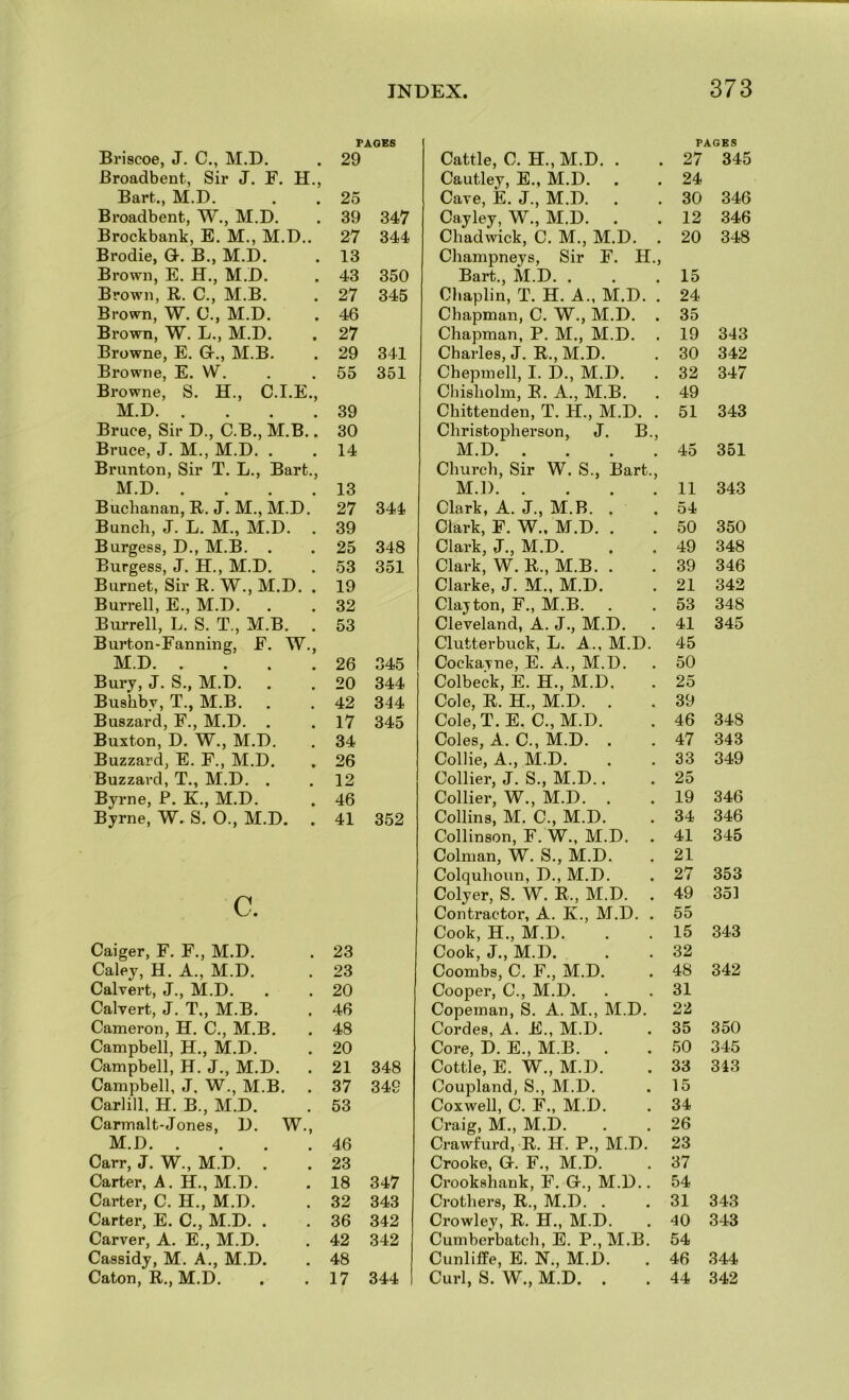 PAGES Briscoe, J. C., M.D. . 29 Broadbent, Sir J. F. H., Bart., M.D. . . 25 Broadbent, W., M.D, 39 347 Brockbank, E. M., M.D.. 27 344 Brodie, Q-. B., M.D. 13 Brown, E. H., M.D. 43 350 Brown, R. C., M.B. 27 345 Brown, W. C., M.D. 46 Brown, W. L., M.D. 27 Browne, E, Gr., M.B. 29 341 Browne, E. W. 55 351 Browne, S. H., C.I.E., M.D 39 Bruce, Sir D., C.B., M.B.. 30 Bruce, J. M., M.D. . 14 Brunton, Sir T. L., Bart., M.D 13 Buchanan, R. J. M., M.D. 27 34i Bunch, J. L. M., M.D. 39 Burgess, D., M.B. . 25 348 Burgess, J. H., M.D. 53 351 Burnet, Sir R. W., M.D. . 19 Burrell, E., M.D. 32 Burrell, L. S. T., M.B, Burton-Fanning, F. W., M.D 53 26 345 Bury, J. S., M.D. 20 344 Bushby, T., M.B. 42 344 Buszard, F., M.D. . 17 345 Buxton, D. W., M.D. 34 Buzzard, E. F., M.D. 26 Buzzard, T., M.D. . 12 Byrne, P. K., M.D. 46 Byrne, W. S. 0., M.D. 41 352 c. Caiger, F. F., M.D, 23 Caley, H, A., M.D. 23 Calvert, J., M.D, 20 Calvert, J. T., M.B. 46 Cameron, H. C., M.B. 48 Campbell, H., M.D. 20 Campbell, H. J., M.D. 21 348 Campbell, J. W., M.B. . 37 349 Carlill, H. B., M.D. 53 Carmalt-Jones, D. W., M.D 46 Carr, J. W., M.D. . 23 Carter, A, H., M.D. 18 347 Carter, C. H., M.D, 32 343 Carter, E. C., M.D. . 36 342 Carver, A. E,, M.D, 42 342 Cassidy, M. A,, M.D. 48 Caton, R., M.D. 17 344 PAGES Cattle, C. H., M.D. . 27 345 Cautley, E., M.D. 24 Cave, E. J., M.D. 30 346 Cayley, W., M.D. . 12 346 Chadwick, C. M., M.D. . 20 348 Champneys, Sir F. H., Bart., M.D. . 15 Chaplin, T. H. A., M.D. . 24 Chapman, C. W., M.D. . 35 Chapman, P. M., M.D. . 19 343 Charles, J. R., M.D. 30 342 Chepmell, I. D., M.D. . 32 347 Chisholm, E. A., M.B. 49 Chittenden, T. H., M.D. . 51 343 Christopherson, J. B., M.D 45 351 Church, Sir W. S., Bart., M.D 11 343 Clark, A. J., M.B. . 54 Clark, F. W.. M.D. . 50 350 Clark, J., M.D. 49 348 Clark, W. R., M.B. . 39 346 Clarke, J. M., M.D. 21 342 Clayton, F., M.B. 53 348 Cleveland, A. J,, M.D. 41 345 Clutterbuck, L. A., M.D. 45 Cockayne, E. A., M.D. 50 Colbeck, E. H., M.D. 25 Cole, R. H., M.D. 39 Cole, T. E. C., M.D. 46 348 Coles, A. C., M.D. . 47 343 Collie, A., M.D. 33 349 Collier, J. S., M.D.. 25 Collier, W., M.D. . 19 346 Collins, M. C., M.D. 34 346 Collinson, F. W., M.D. 41 345 Colman, W. S., M.D. 21 Colquhoun, D., M.D. 27 353 Colyer, S. W. R., M.D. . 49 35] Contractor, A. K., M.D. . 55 Cook, H., M.D. 15 343 Cook, J., M.D. 32 Coombs, C. F., M.D. 48 342 Cooper, C., M.D. 31 Copeman, S. A. M., M.D. 22 Cordes, A. E., M.D. 35 350 Core, D. E., M.B. 50 345 Cottle, E. W., M.D. 33 343 Coupland, S., M.D. 15 Coxwell, C. F., M.D. 34 Craig, M., M.D. 26 Crawfurd, R. H. P., M.D. 23 Crooke, G. F., M.D. 37 Crookshank, F. Or., M.D.. 54 Crothers, R., M.D. . 31 343 Crowley, R. H., M.D. 40 343 Cumberbatch, E. P., M.B. 54 CunlifPe, E. N., M.D. 46 344 Curl, S. W., M.D. . 44 342